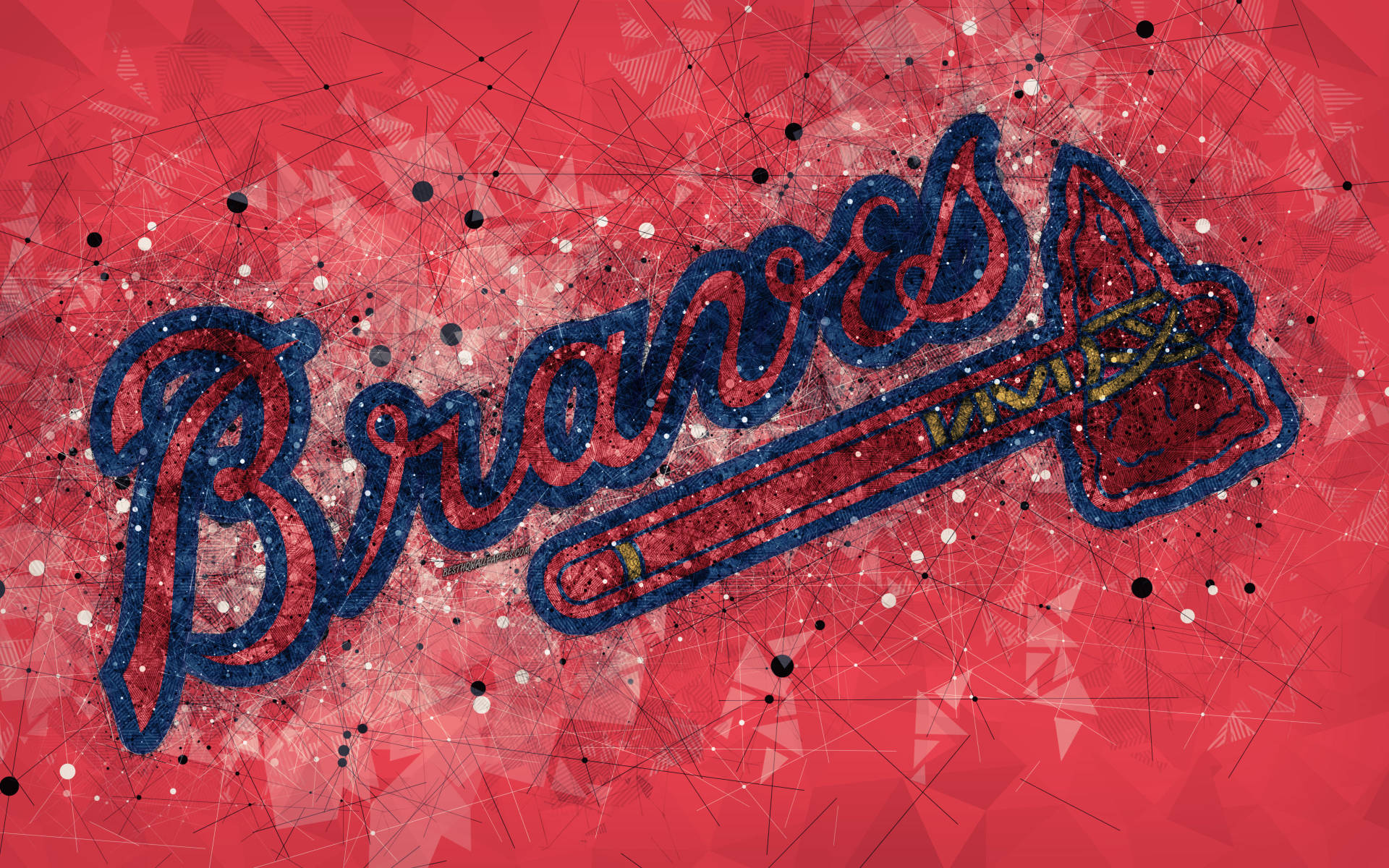 Braves 桌布 壁紙 — 大膽的Braves標誌，帶有閃閃發光的藍色字體和戰斧，位於帶有白色和黑色斑點的紋理紅色背景上。