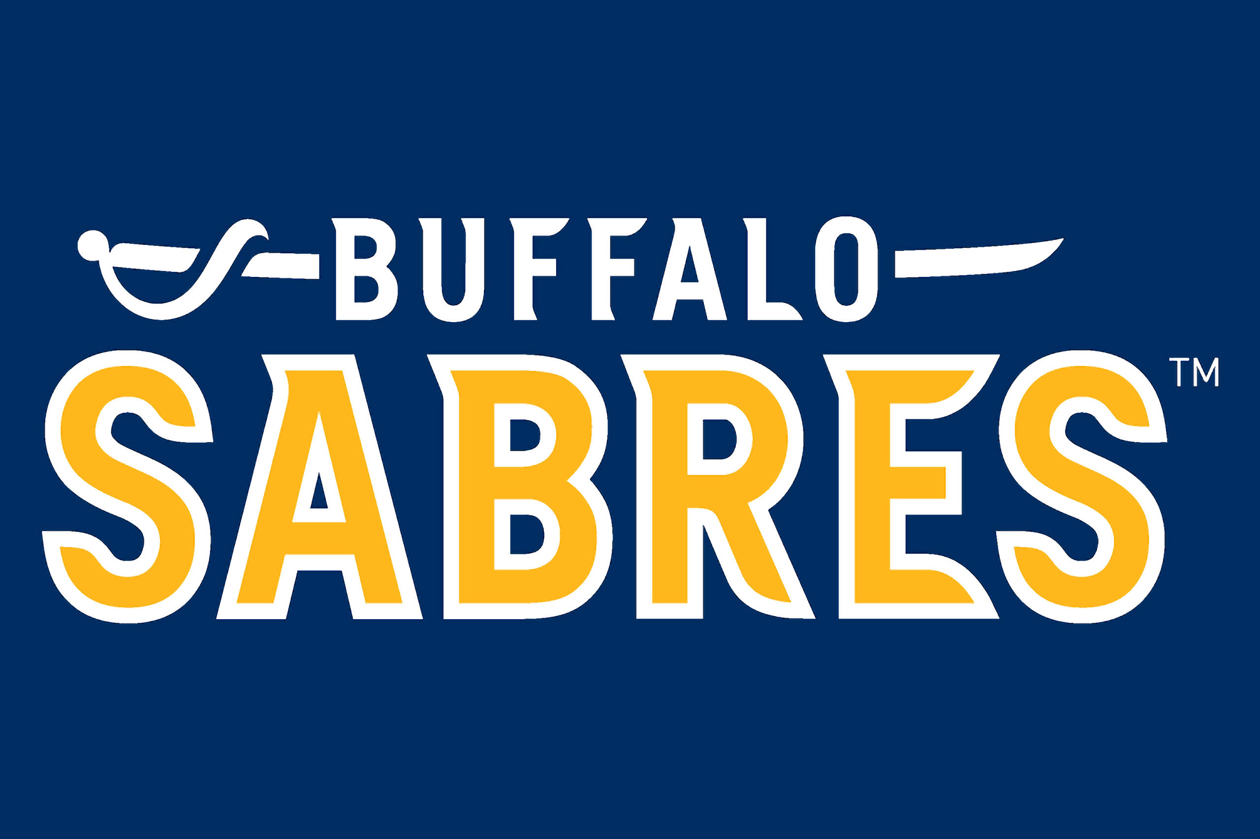 Sabres 桌布 壁紙 — 大膽的Buffalo Sabres標誌，黃色和白色，襯以純海軍藍背景。