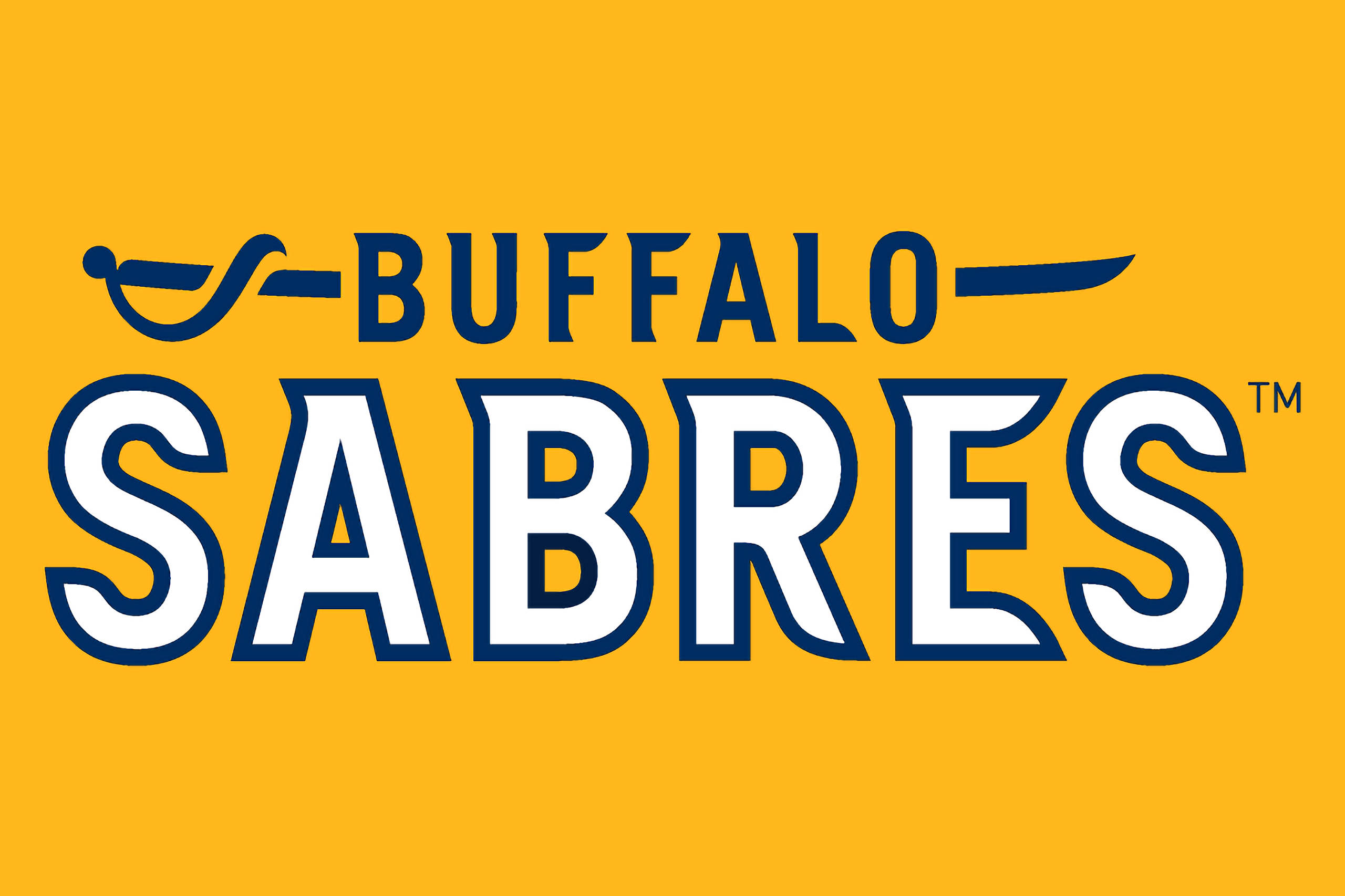 Sabres 桌布 壁紙 — 大膽的Buffalo Sabres標誌，海軍藍和白色，在充滿活力的黃色背景上，帶有軍刀圖形。