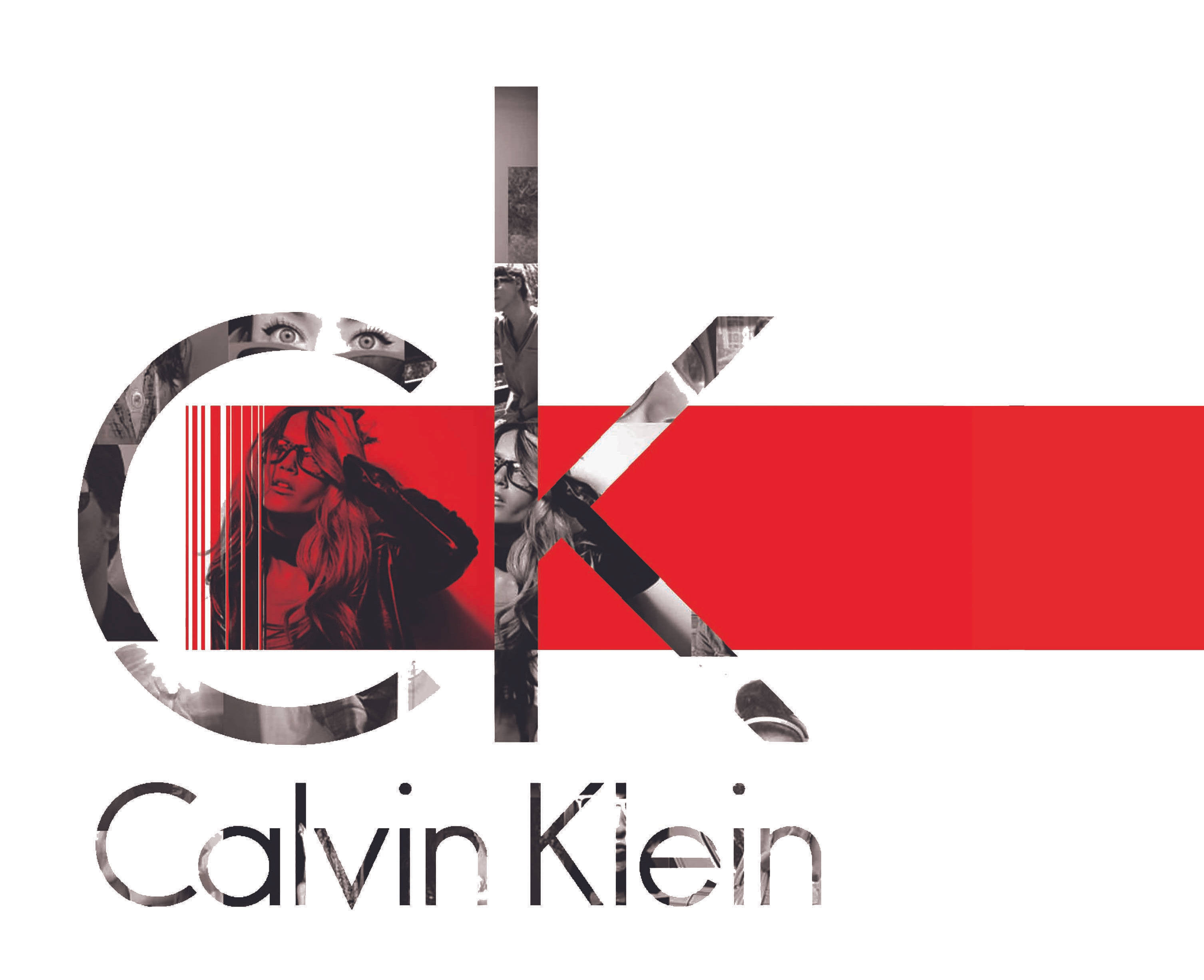 Klein 桌布 壁紙 — 大膽的Calvin Klein標誌，搭配模特兒的碎片化黑白照片和醒目的紅色水平條紋。