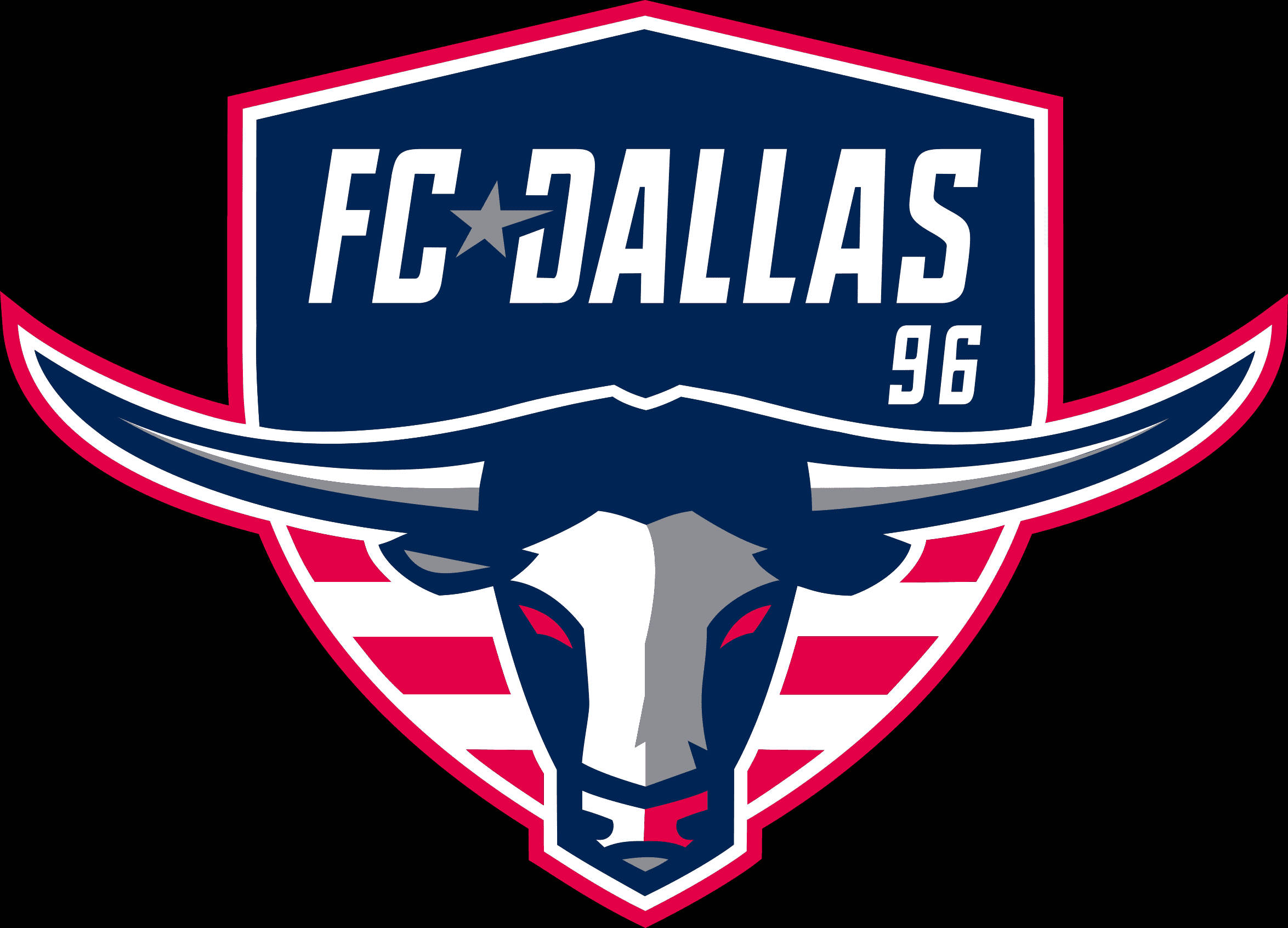 足球 桌布 壁紙 — 大膽的FC Dallas 96標誌，以海軍藍、紅色和白色風格化的長角牛頭為特色，背景為黑色。