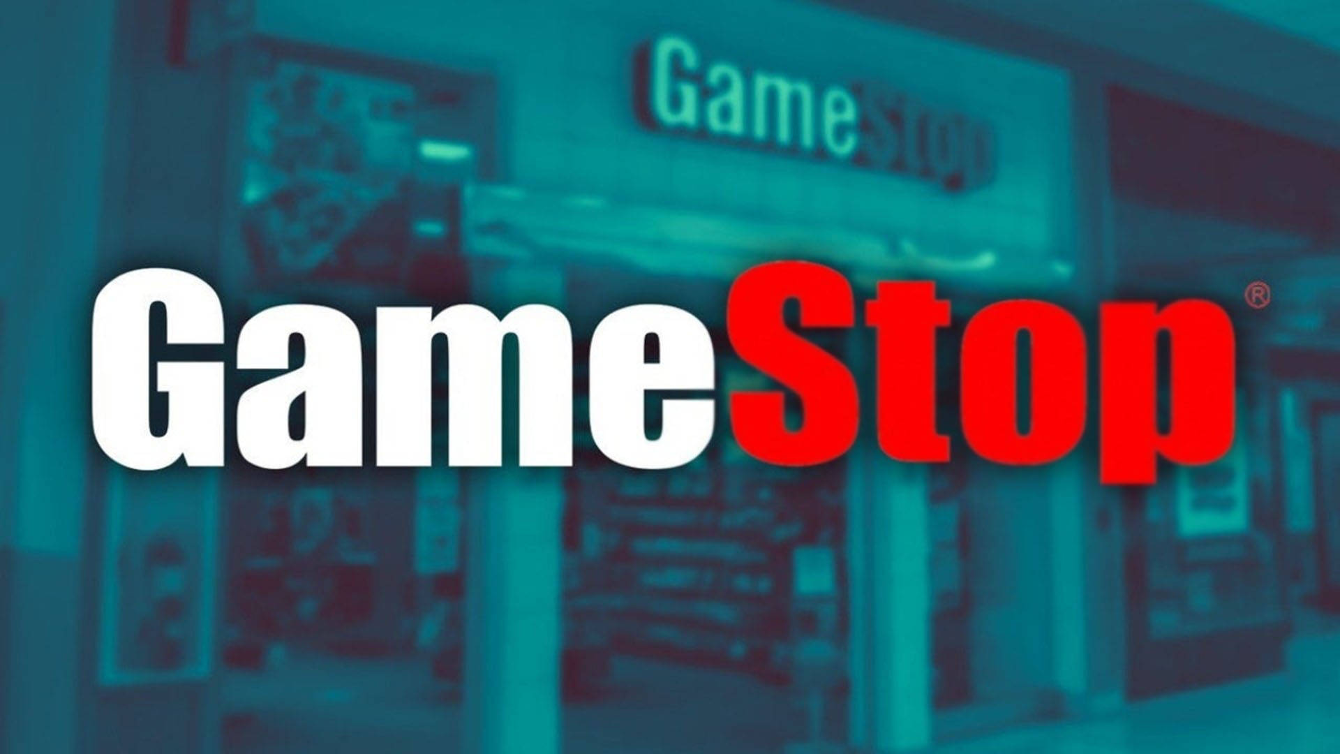 GameStop 桌布 壁紙 — 大膽的GameStop標誌以白色和紅色為主導，模糊的店面沐浴在冷藍色調中。