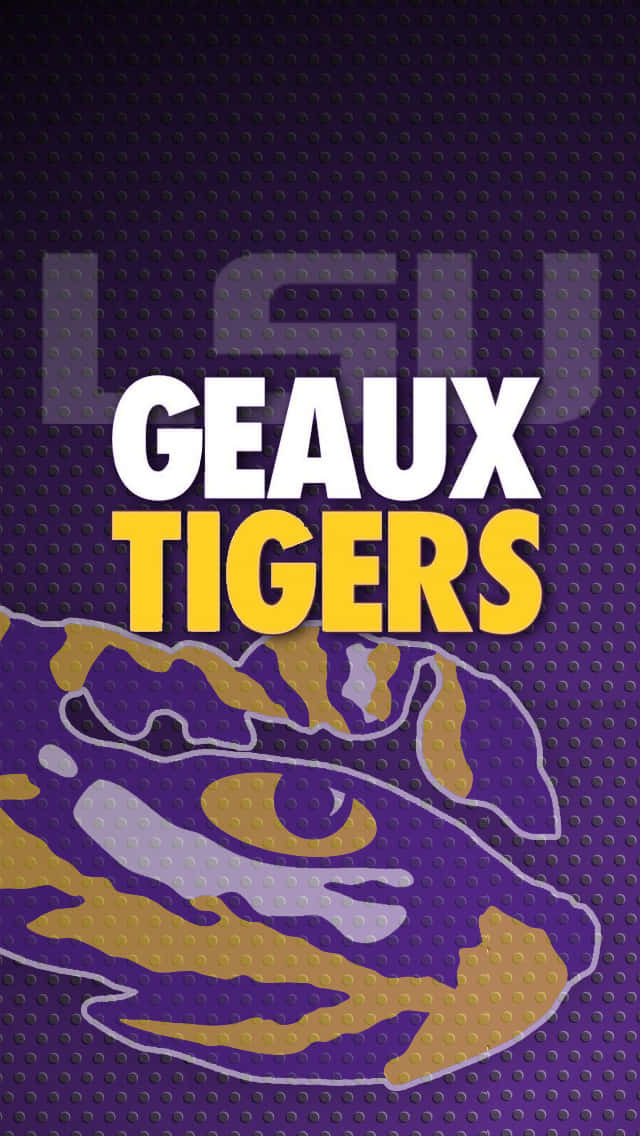 桌布 壁紙 — 大膽的LSU Tigers標誌，帶有「GEAUX TIGERS」文字，背景為有紋理的紫色。