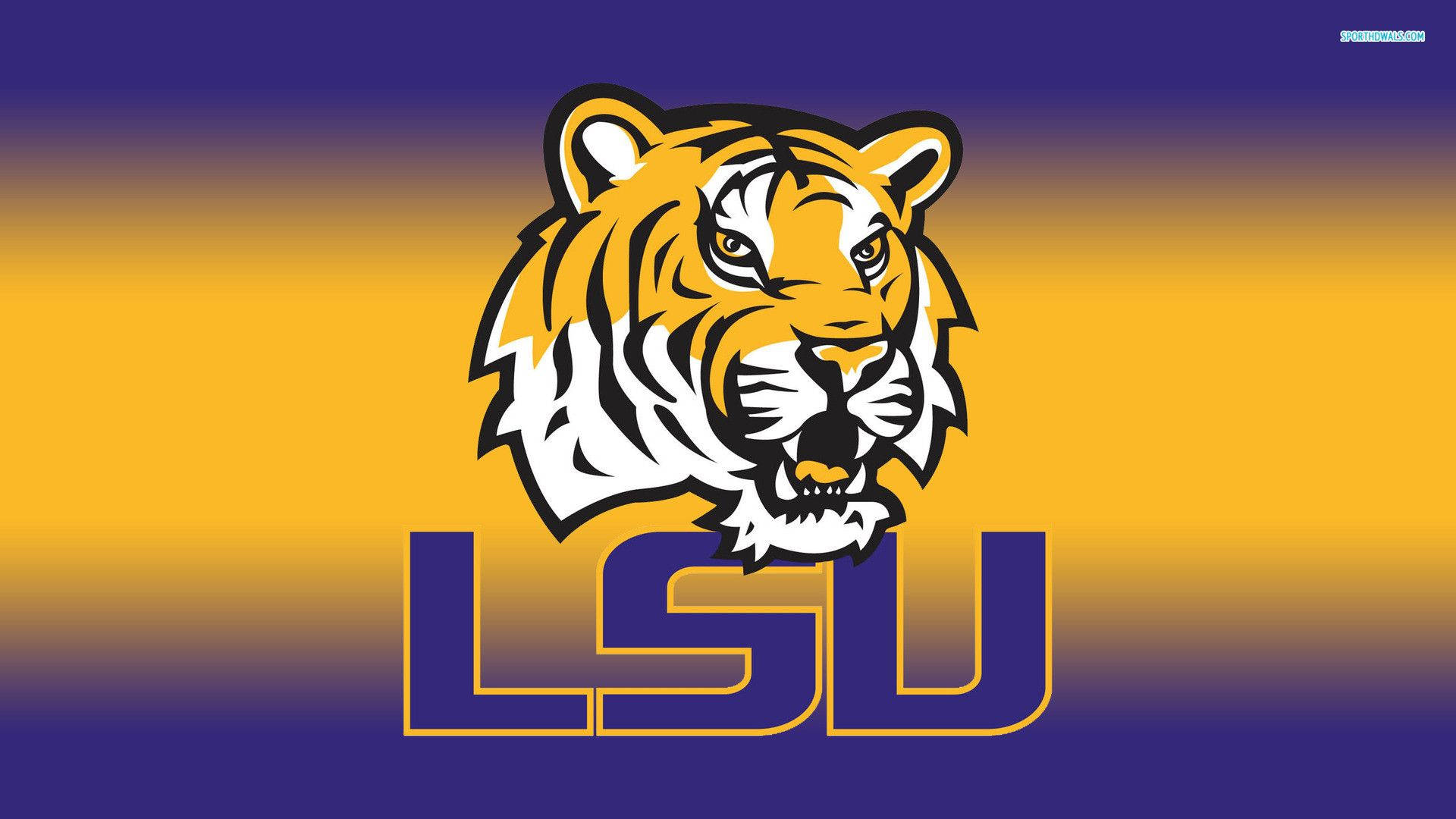 LSU 桌布 壁紙 — 大膽的LSU老虎吉祥物標誌，帶有強烈的黃色和紫色漸變背景。