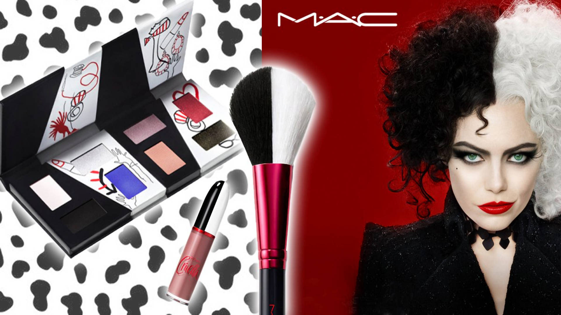 Cosmetics 桌布 壁紙 — 大膽的MAC化妝品廣告， featuring Cruella de Vil 黑白頭髮配紅色背景，以及牛紋彩妝盤、刷子和唇彩。