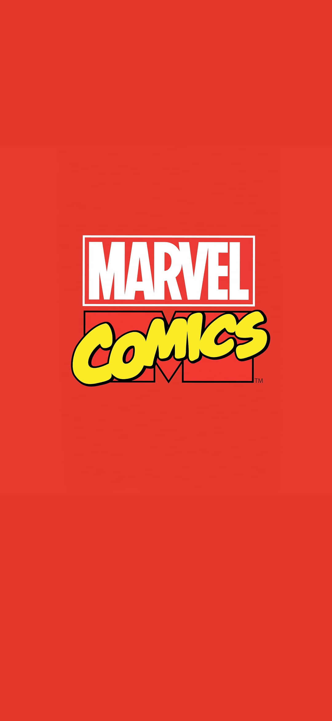 漫威 桌布 壁紙 — 大膽的Marvel Comics標誌，以白色和黃色文字居中在純紅色背景上。