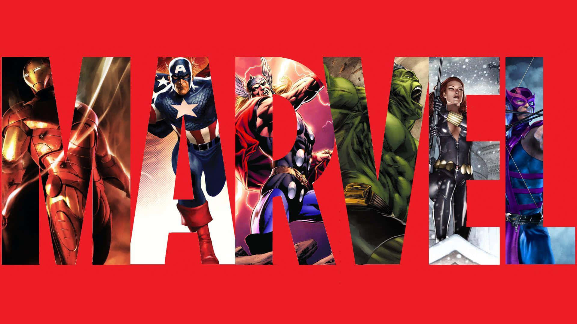 桌布 壁紙 — 大膽的Marvel標誌，帶有像鋼鐵人、美國隊長和浩克這樣的標誌性超級英雄衝破紅色字體。