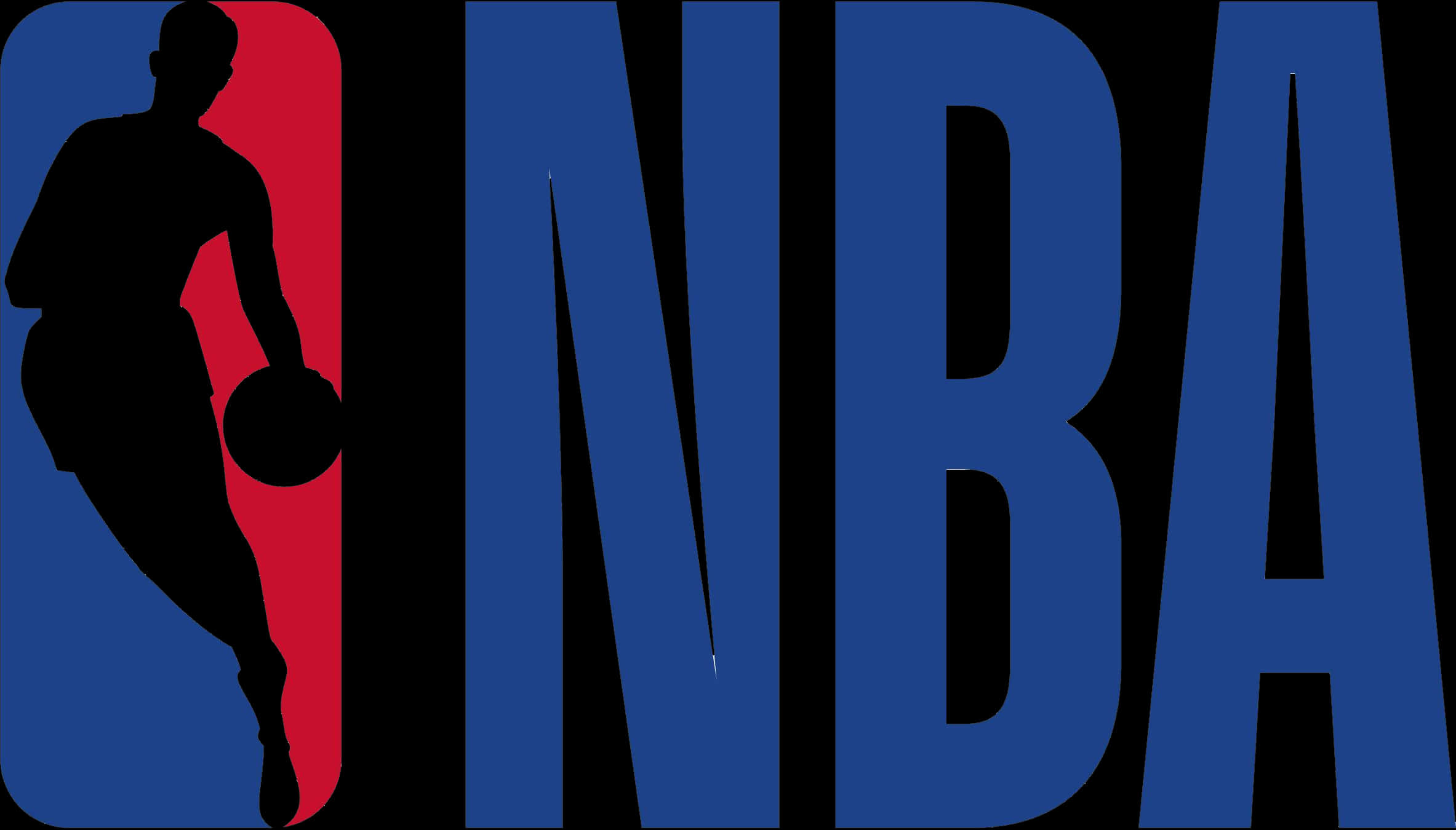 NBA標誌 桌布 壁紙 — 大膽的NBA標誌，黑色剪影的籃球運動員在紅色和藍色方塊前運球。