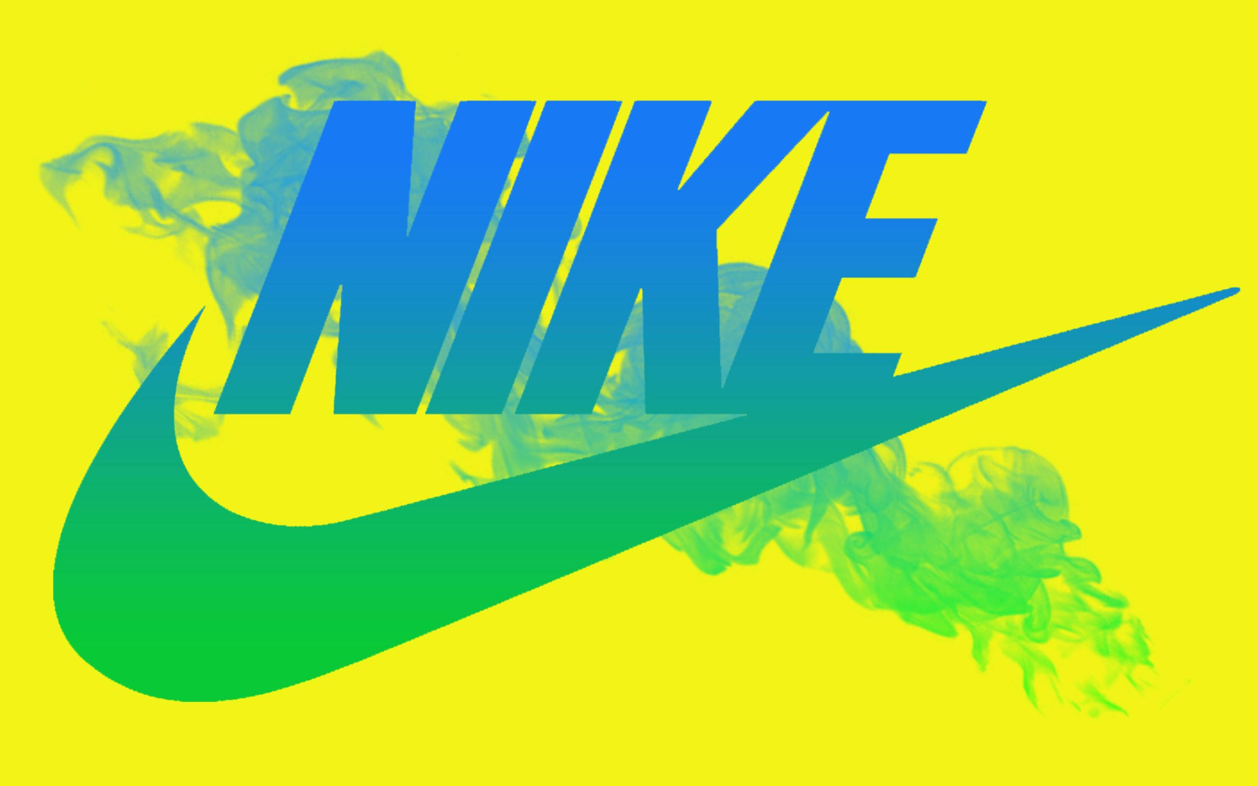 nike girl 桌布 壁紙 — 大膽的Nike標誌，帶有藍綠漸層的勾號，搭配充滿活力的黃色背景和煙霧綠色點綴。