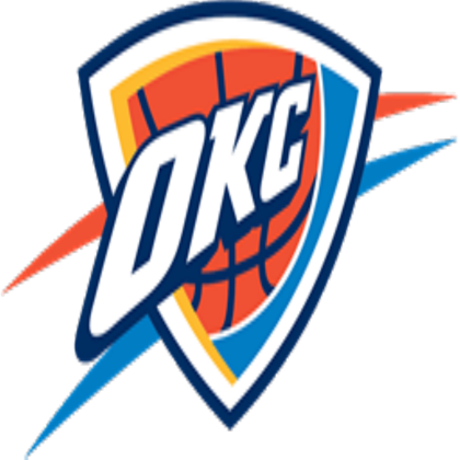 thunder 桌布 壁紙 — 大膽的OKC籃球標誌，帶有紅橙藍盾牌和動態條紋，背景為黑色。