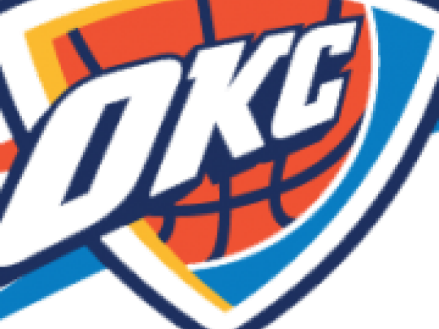 thunder 桌布 壁紙 — 大膽的OKC籃球標誌，黑色背景上帶有橙色、藍色和黃色的幾何形狀。