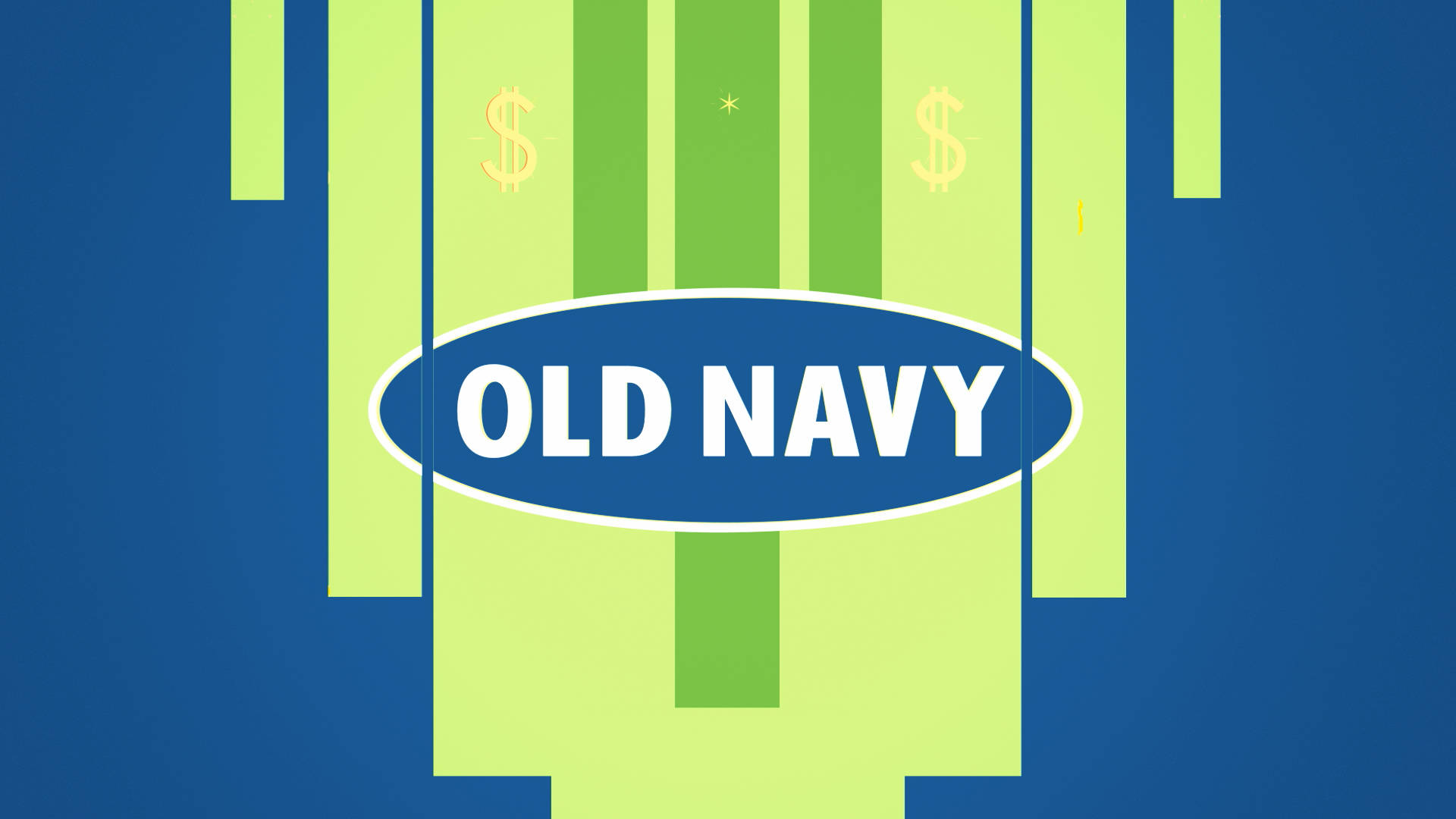old 桌布 壁紙 — 大膽的Old Navy標誌居中於藍綠條紋背景上，帶有美元符號和星星。