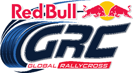 紅牛 桌布 壁紙 — 大膽的Red Bull GRC標誌，紅色公牛躍過黃色太陽，背景是動態的藍色波浪。