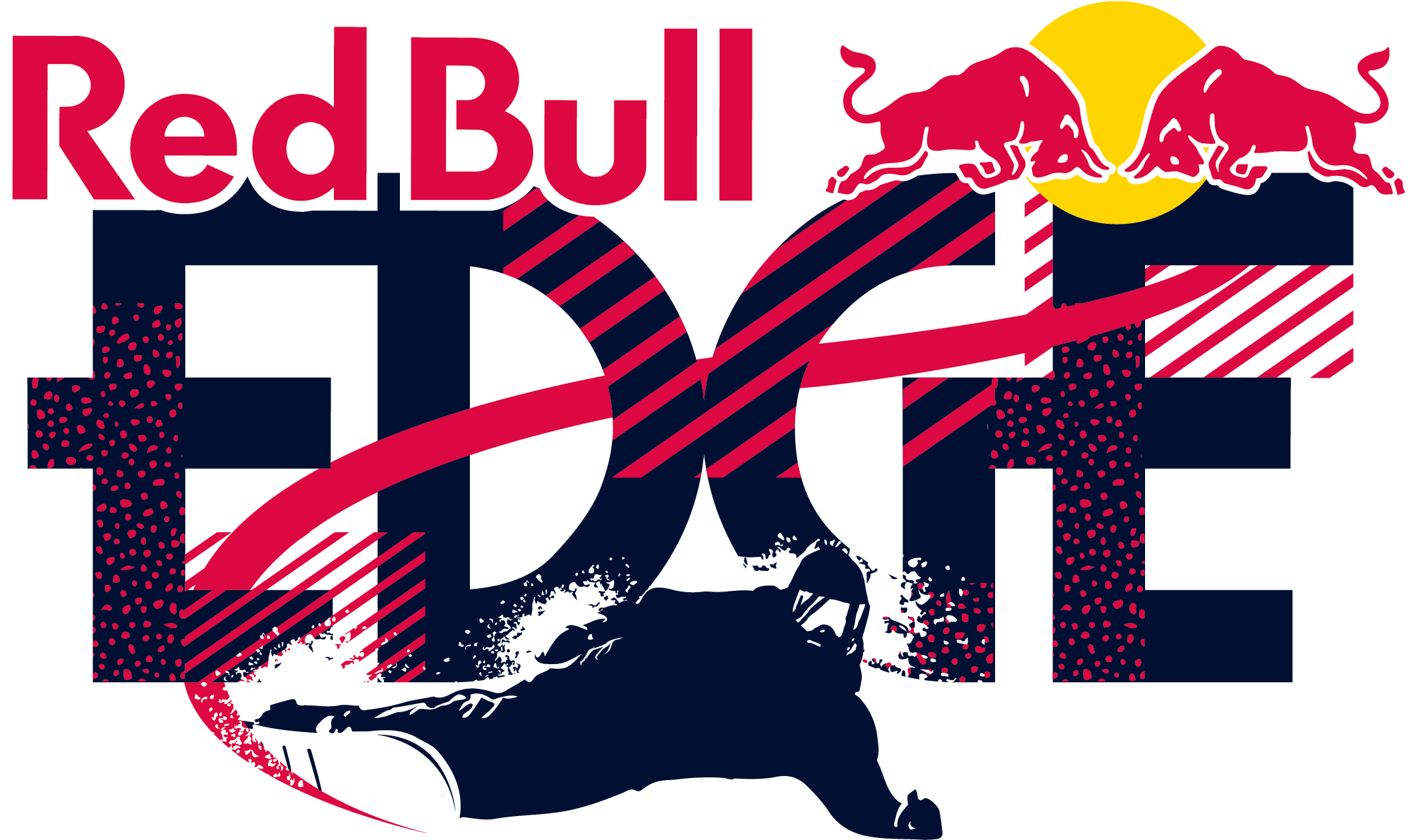 紅牛 桌布 壁紙 — 大膽的Red Bull標誌，帶有衝鋒的公牛和風格化文字，背景為黑色，並有粉紅色和海軍藍的圖形元素。
