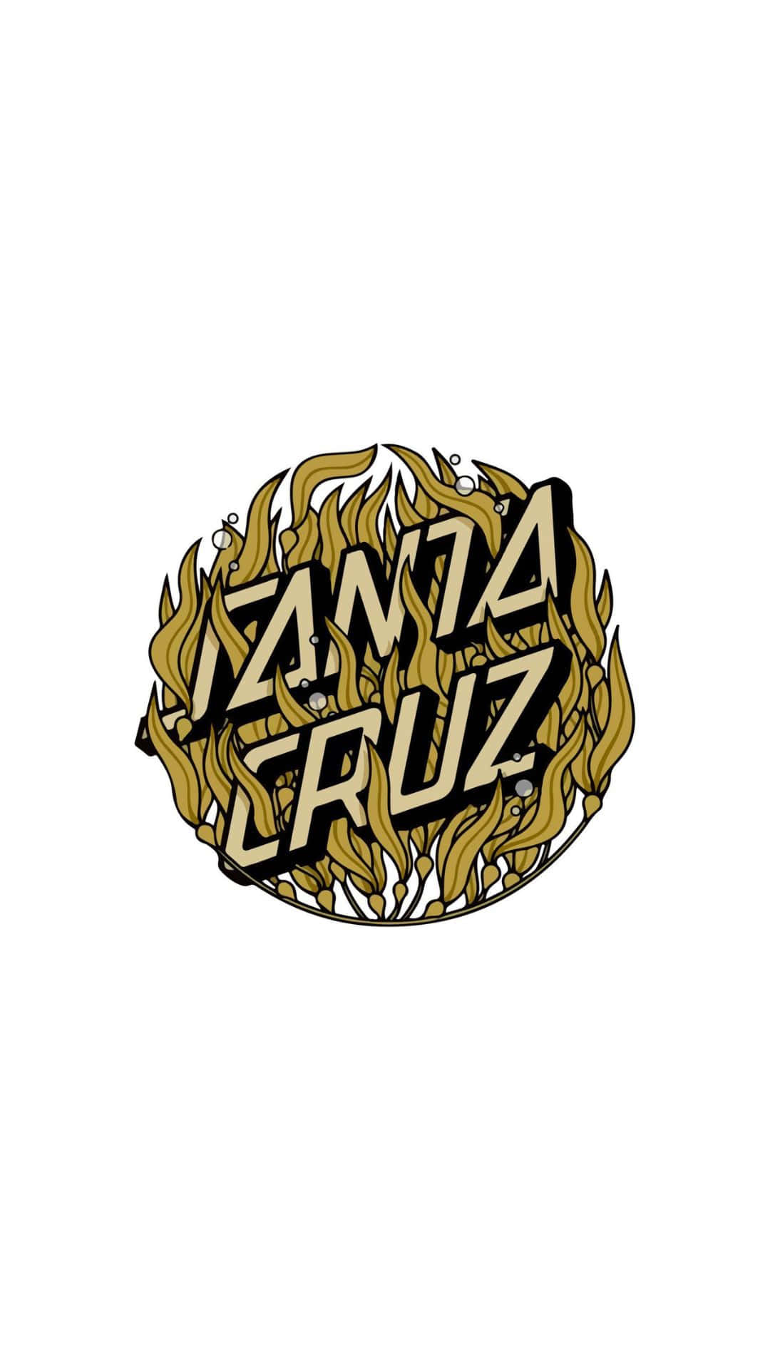 Santa Cruz 桌布 壁紙 — 大膽的Santa Cruz標誌，採用金色和黑色的火焰風格字體，置於純白背景上。