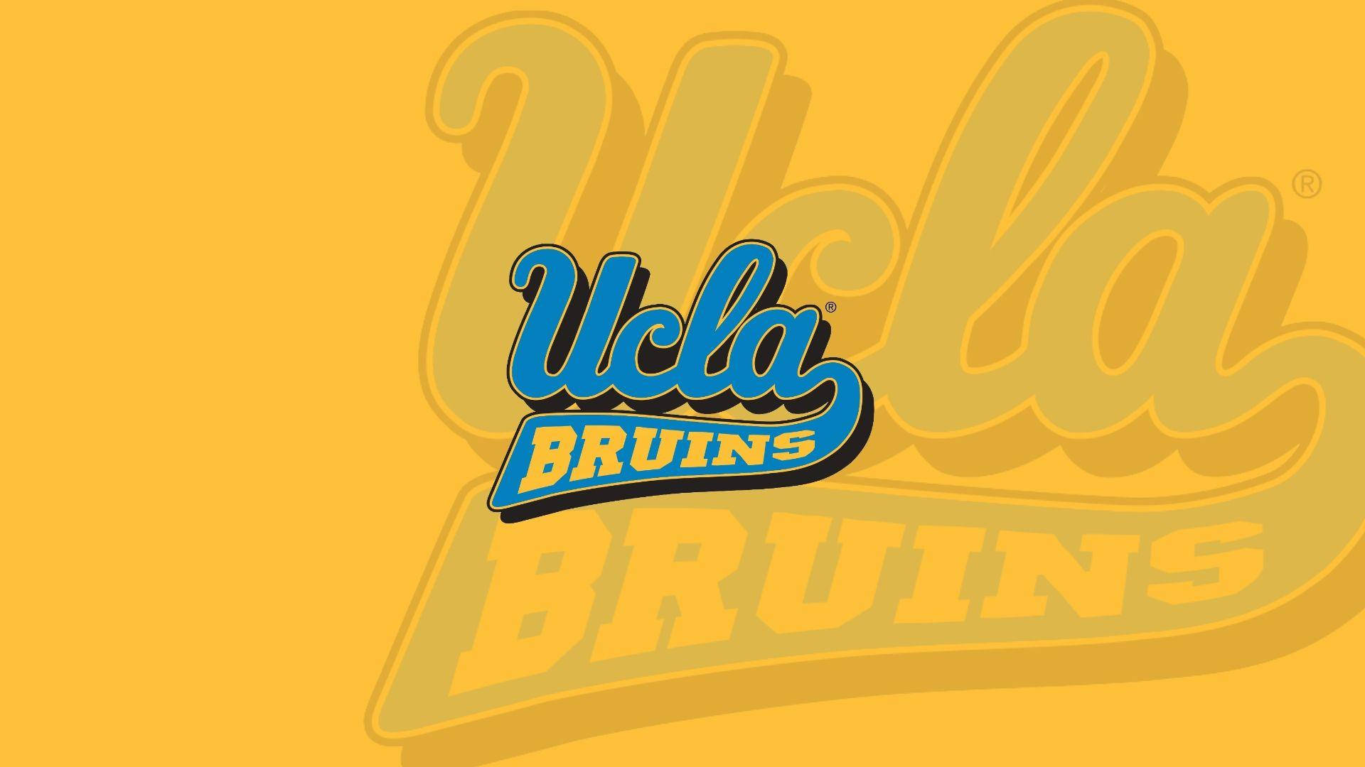 藍色 桌布 壁紙 — 大膽的UCLA Bruins標誌，藍色和黃色，在純黃色背景上帶有分層文字效果。