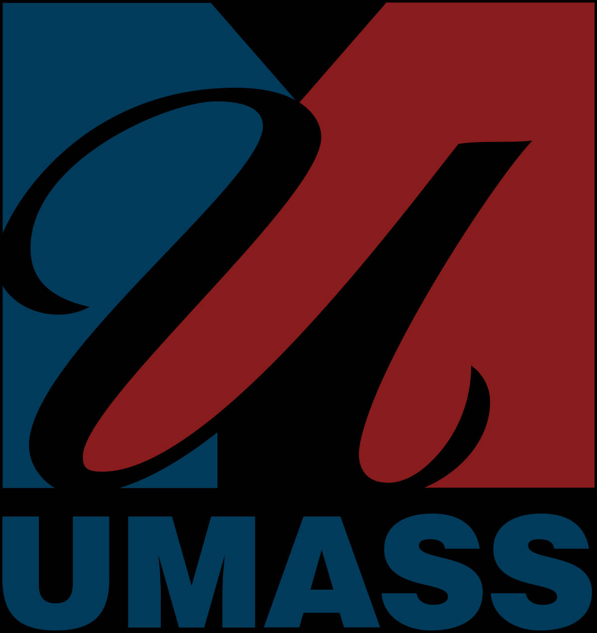  壁紙 — 大膽的UMASS標誌，以藍色和紅色風格化的「U」在黑色背景上。