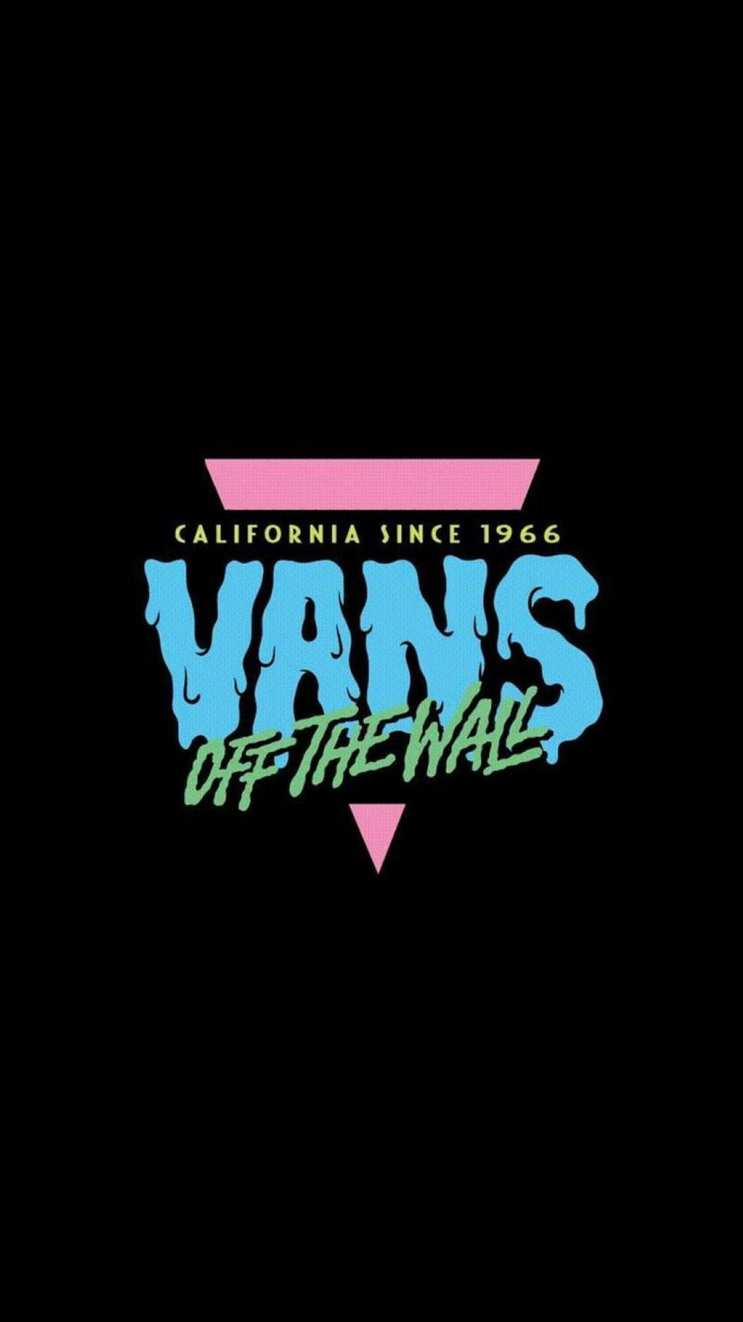 Vans Logo 桌布 壁紙 — 大膽的Vans Off The Wall標誌，帶有滴落的藍色文字和粉紅色幾何形狀，背景為黑色。