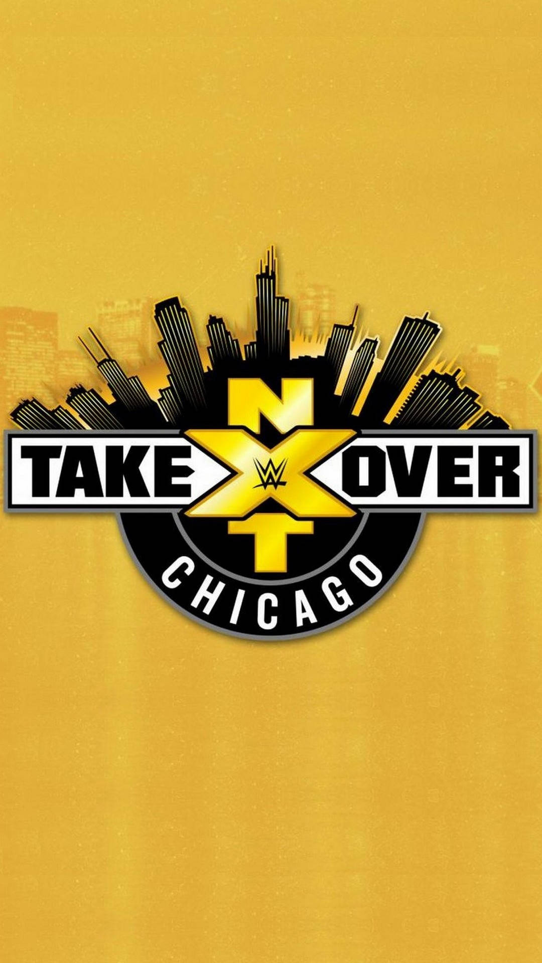 nxt 桌布 壁紙 — 大膽的WWE NXT TakeOver Chicago標誌，黑色城市天際線剪影在紋理金色背景上。