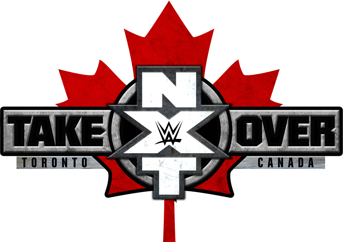 WWE 桌布 壁紙 — 大膽的WWE NXT TakeOver標誌，帶有紅色楓葉和金屬質感文字，背景為黑色。