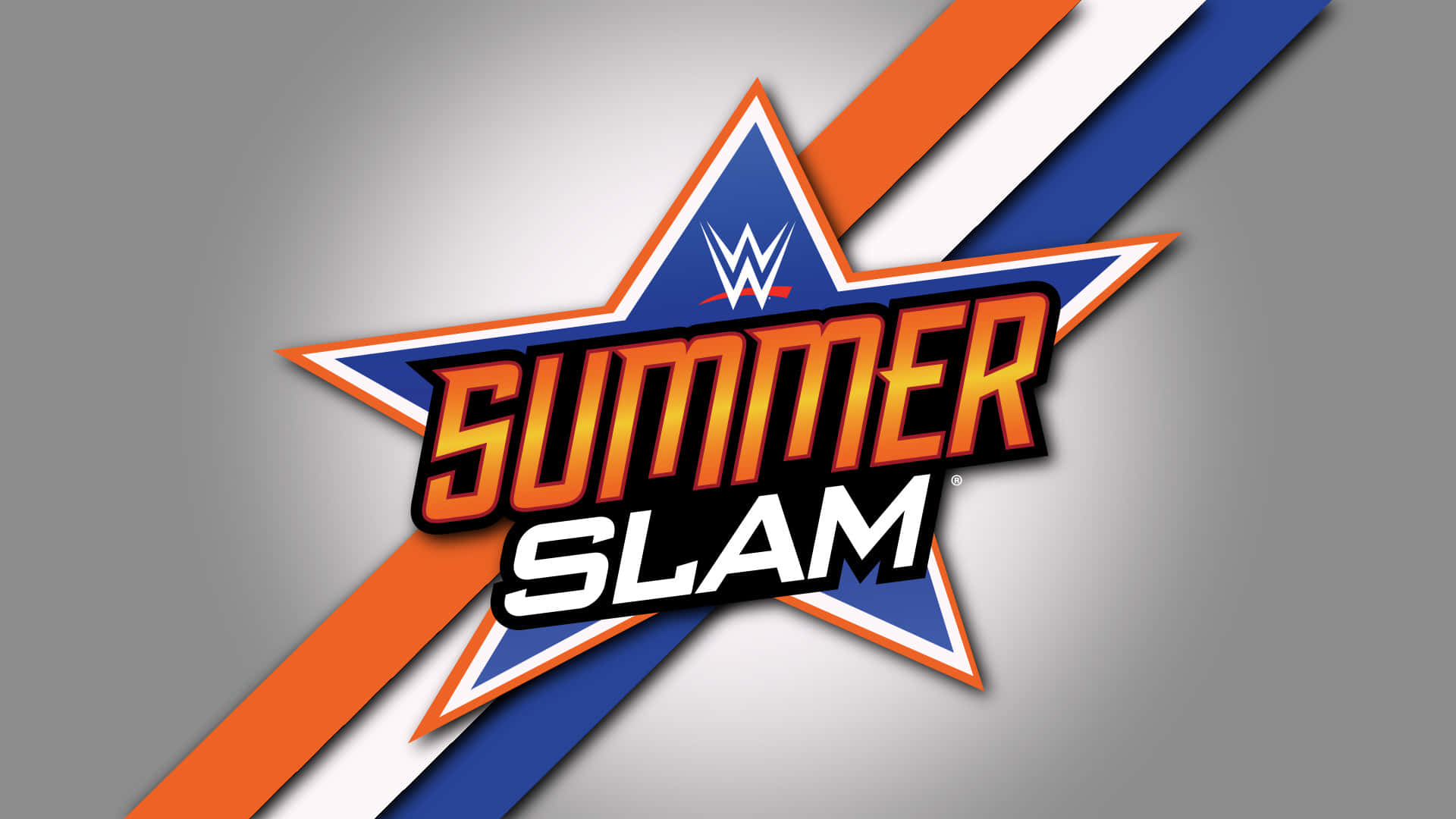 WWE Logo 桌布 壁紙 — 大膽的WWE Summer Slam標誌，採用橙色、藍色和白色的星爆設計，背景為灰色漸變。
