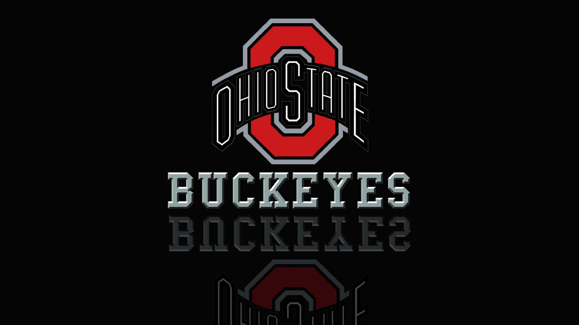 Cool Ohio State 桌布 壁紙 — 大膽的俄亥俄州立七葉樹標誌，帶有紅色塊狀 O 和金屬文字，在黑色背景上反射。