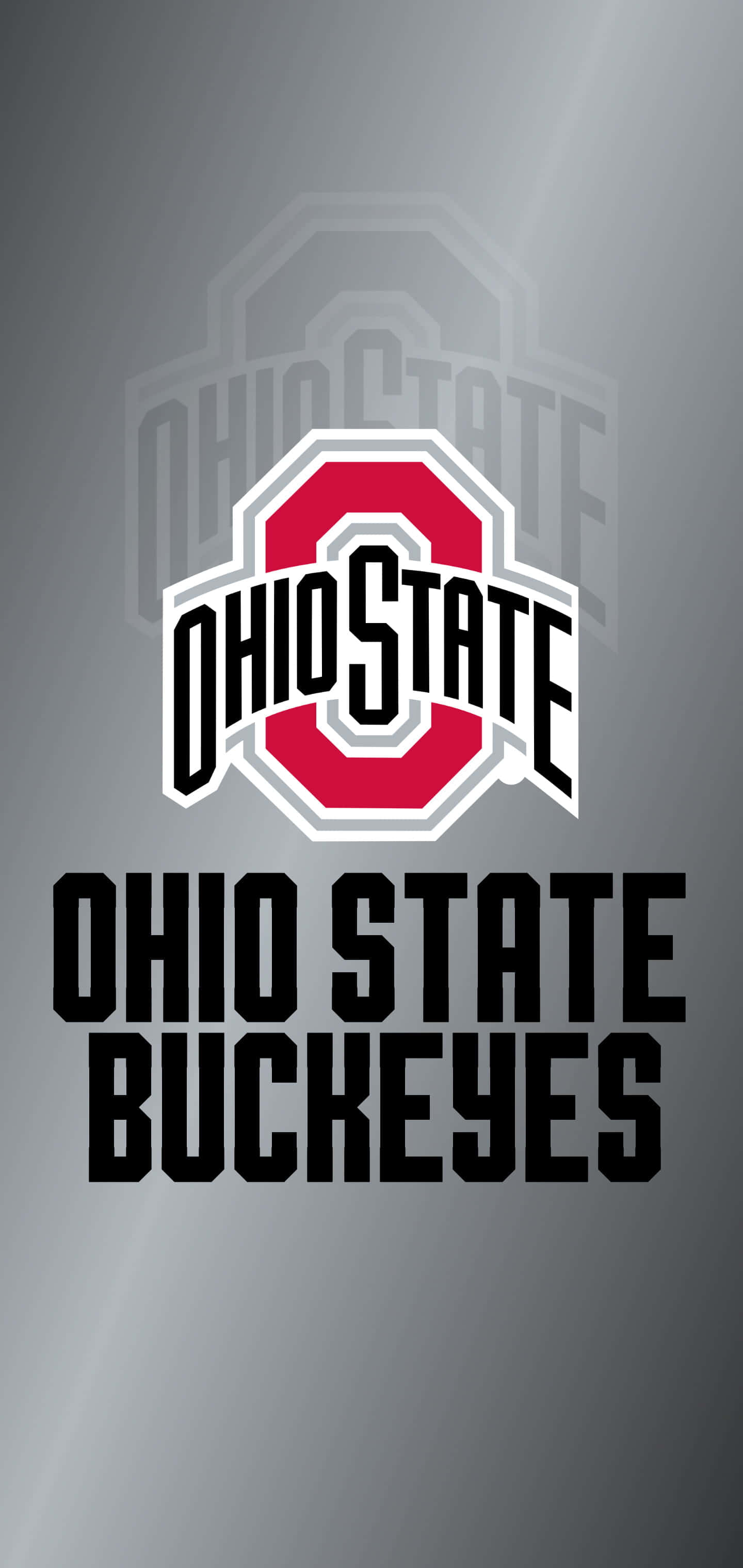 Ohio State iPhone 桌布 壁紙 — 大膽的俄亥俄州立七葉樹隊標誌，紅黑配色，搭配時尚的銀色漸變背景。