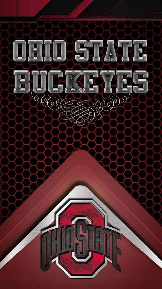 Ohio State iPhone 桌布 壁紙 — 大膽的俄亥俄州立大學七葉樹標誌，紅色和銀色，帶有紋理的六邊形背景和裝飾性漩渦。