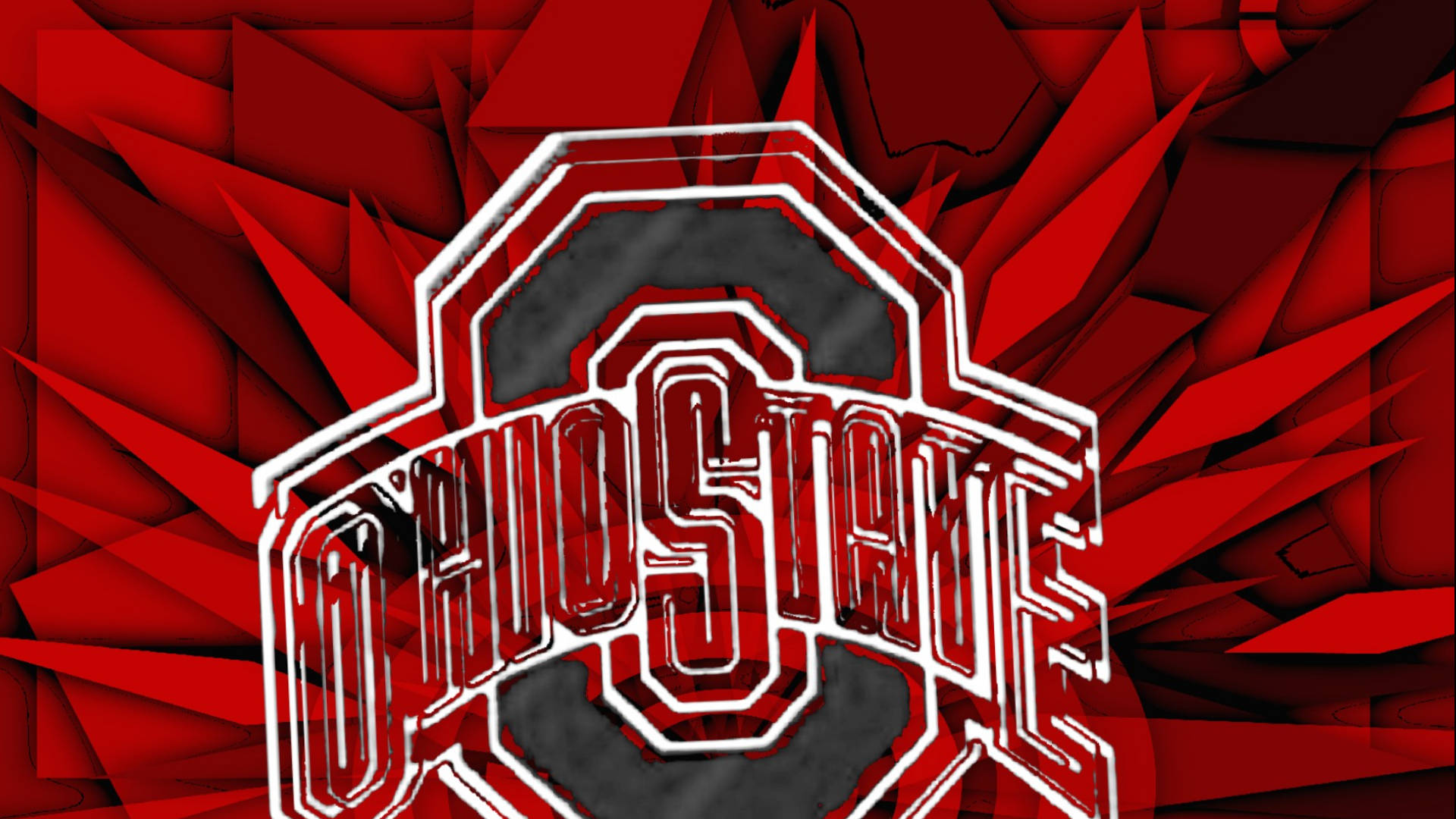 Ohio 桌布 壁紙 — 大膽的俄亥俄州立大學標誌以紅、白、黑色在動態紅色幾何背景上脫穎而出。