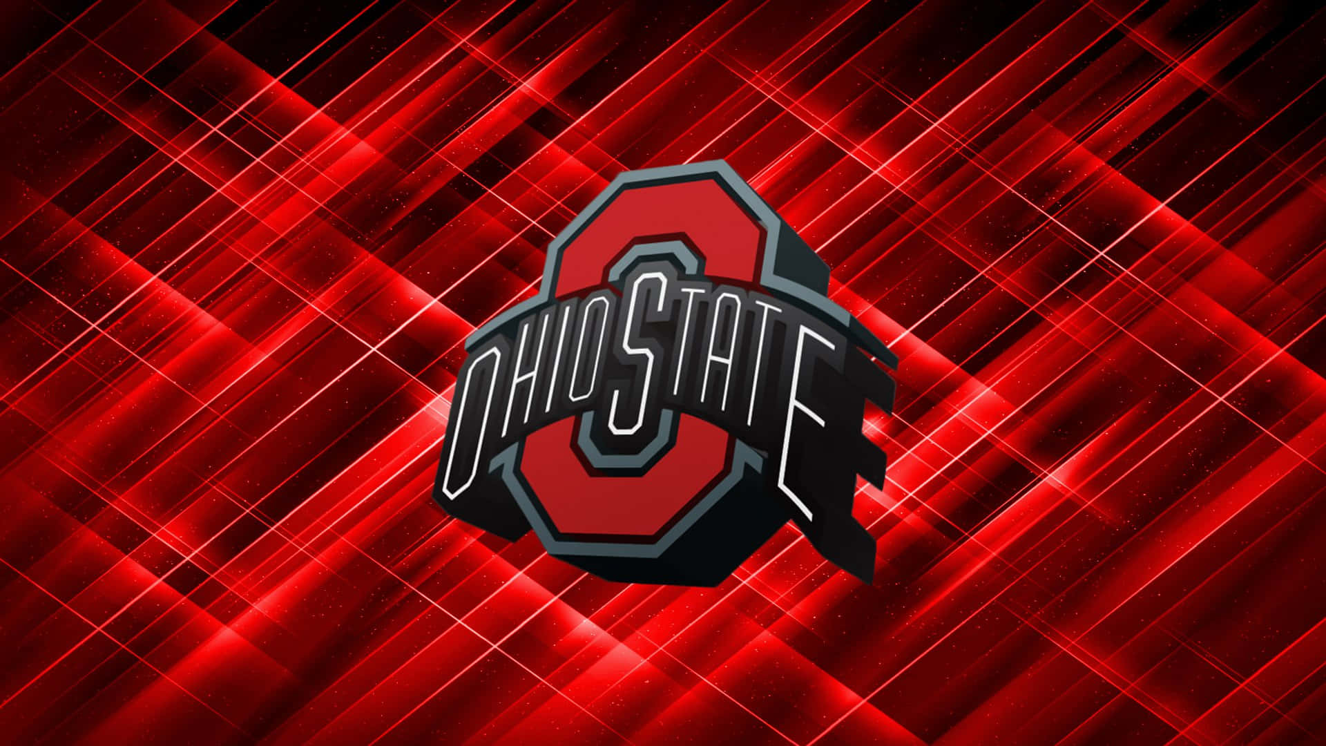 Cool Ohio State 桌布 壁紙 — 大膽的俄亥俄州立大學標誌居中放置在帶有發光對角線的動態紅色幾何背景上。