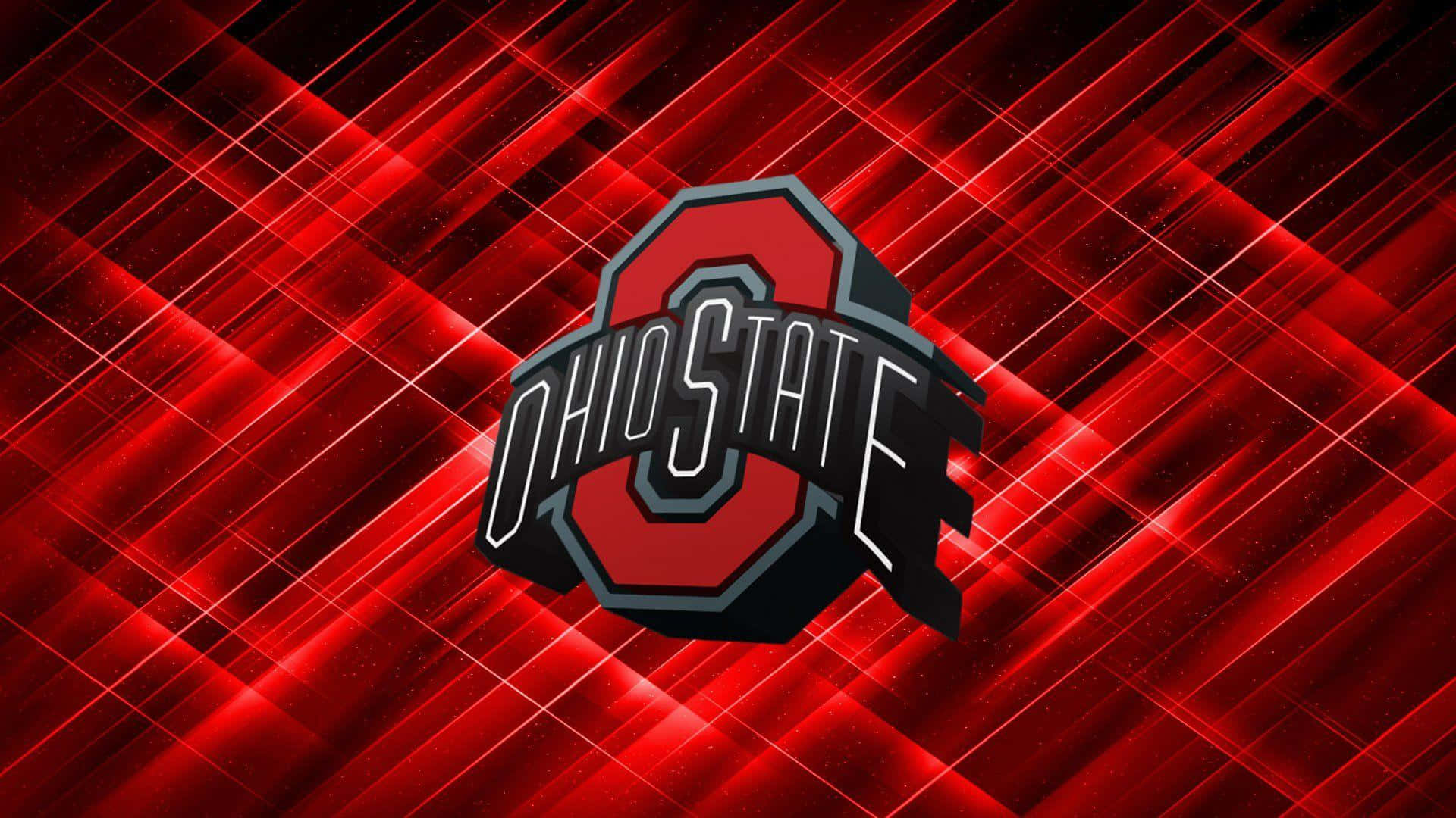 Ohio State Football 桌布 壁紙 — 大膽的俄亥俄州立大學標誌居中放置在帶有發光對角光線的動態紅色背景上。