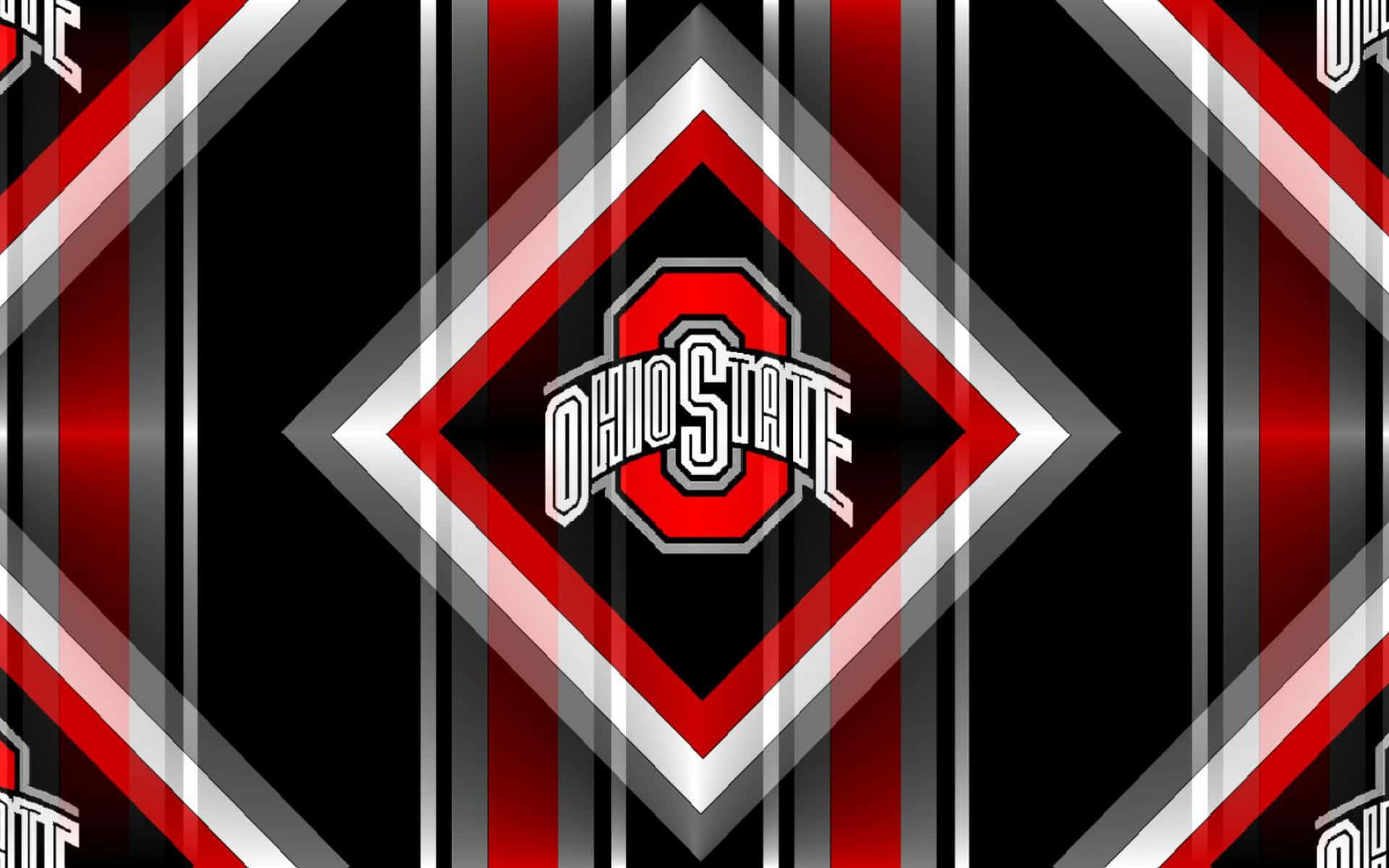 Ohio State Football 桌布 壁紙 — 大膽的俄亥俄州立大學標誌居中於動態紅白黑幾何鑽石圖案中。