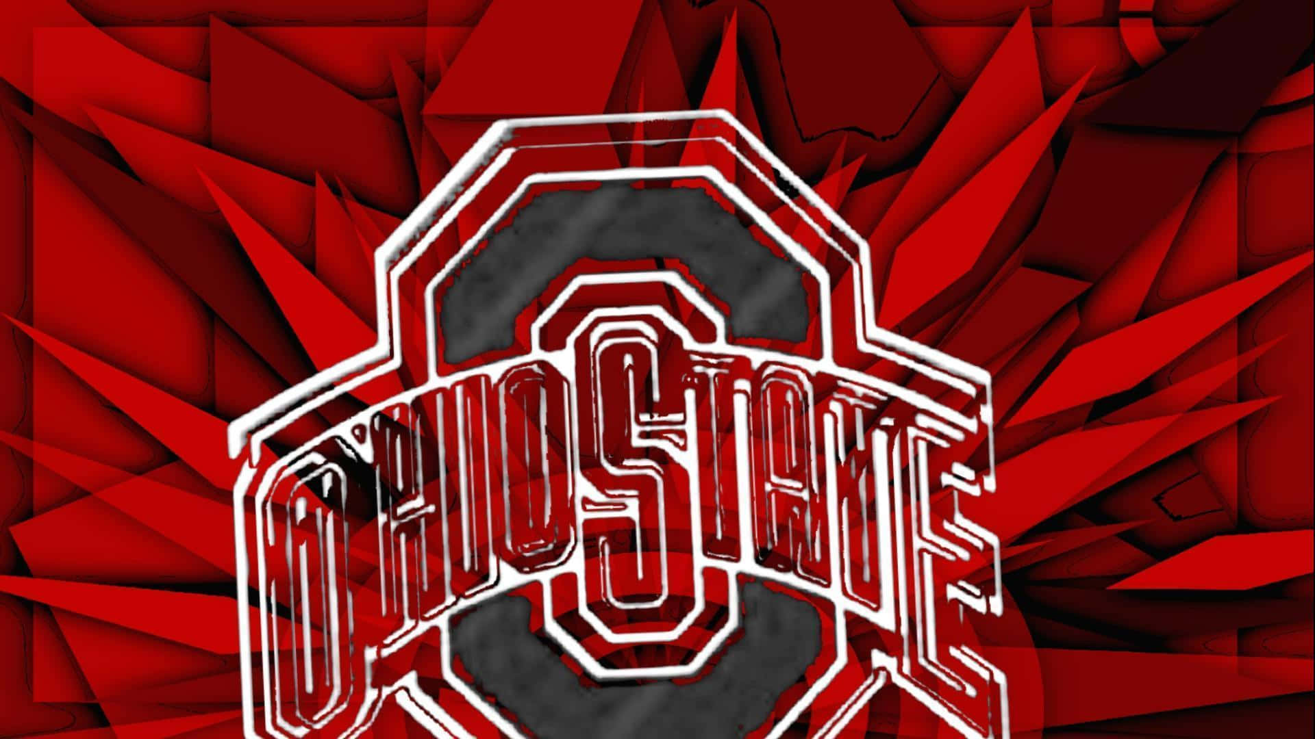Ohio State Logo 桌布 壁紙 — 大膽的俄亥俄州立大學紅白標誌在動態的紅色幾何背景上脫穎而出。