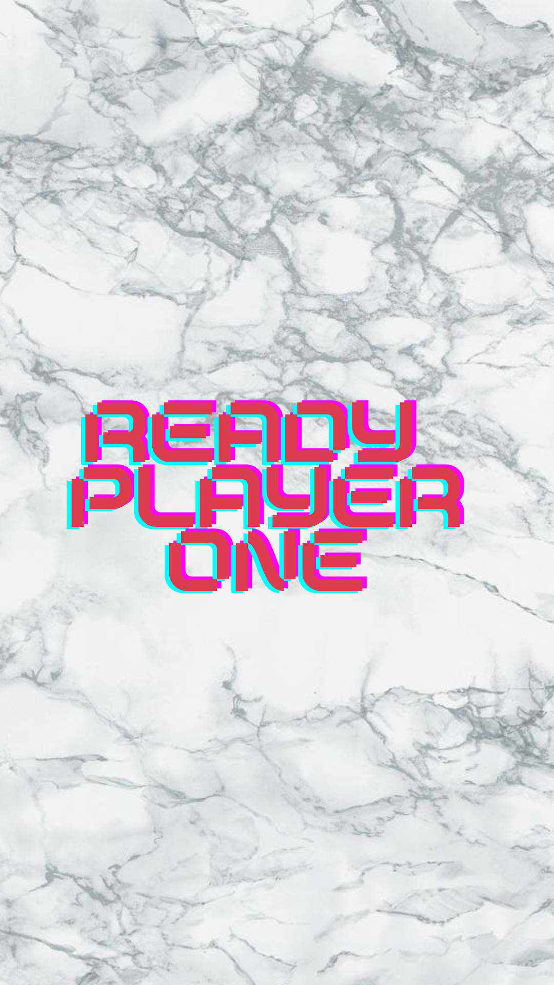 White Marble 桌布 壁紙 — 大膽的像素化粉紅和青色 'Ready Player One' 文字在白色和灰色大理石背景上發光。