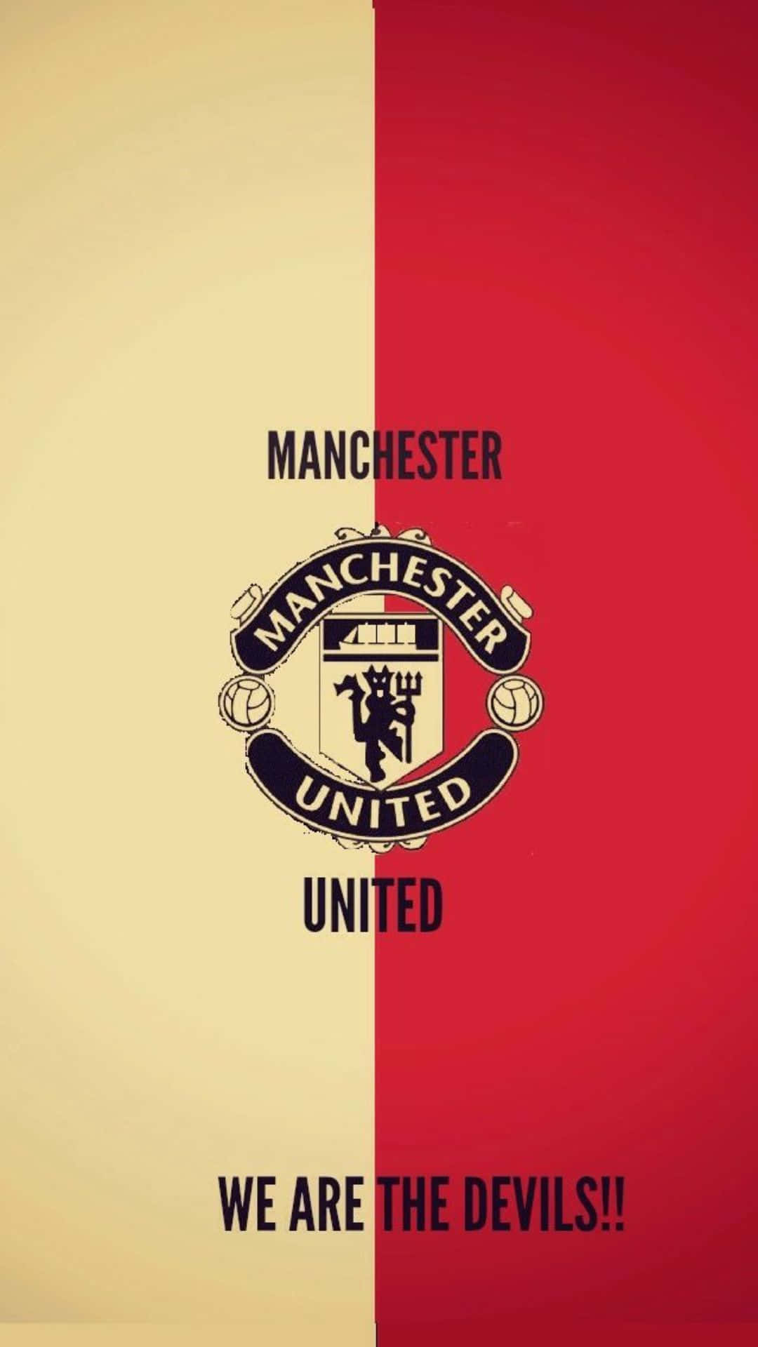 Manchester United iPhone 桌布 壁紙 — 大膽的分屏曼聯壁紙，紅金兩半，飾有會徽和口號。