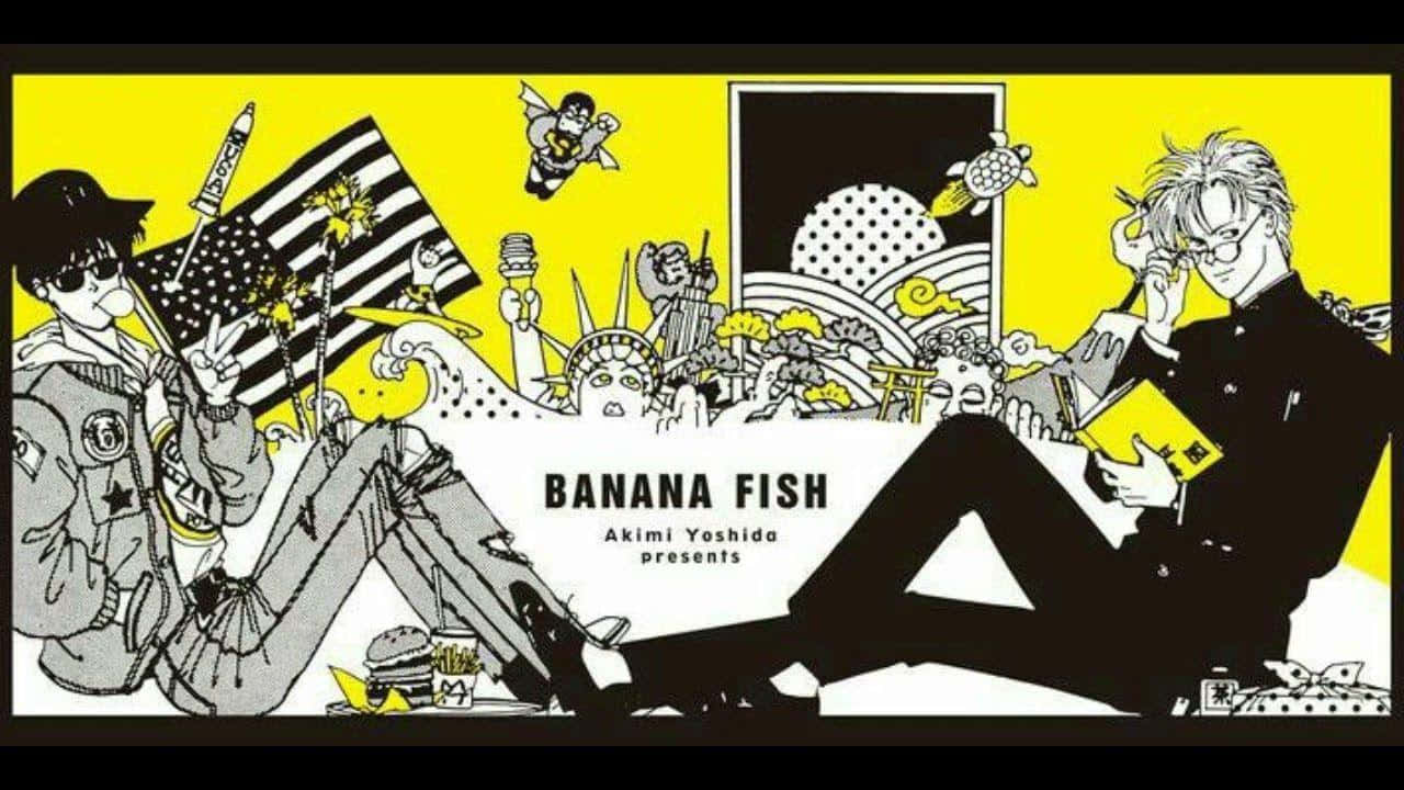 Banana Fish 桌布 壁紙 — 大膽的動漫風格插圖，兩個角色倚靠在充滿流行文化圖標和符號的鮮黃色背景上。