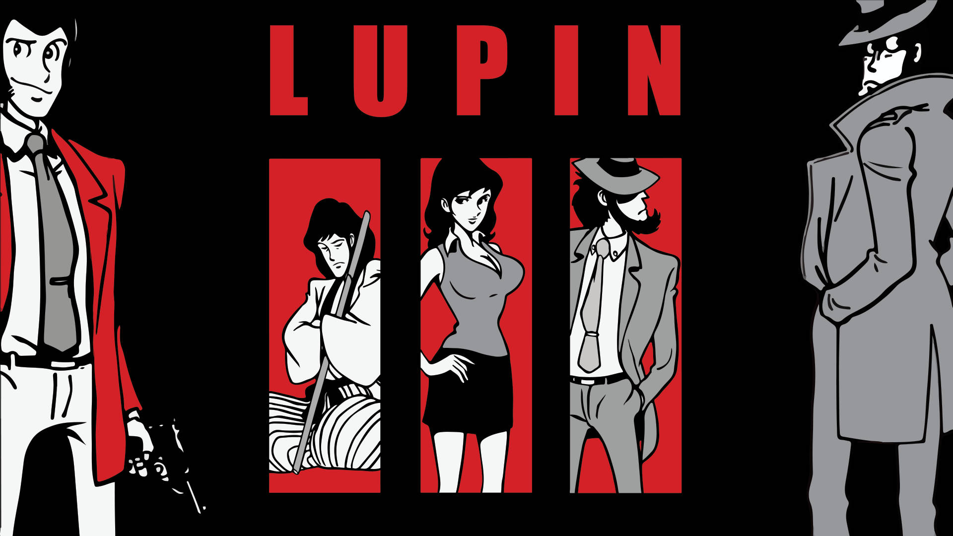 Lupin 桌布 壁紙 — 大膽的動漫風格插圖，描繪了魯邦三世和他的團隊，背景為黑色，帶有紅色標題文字。