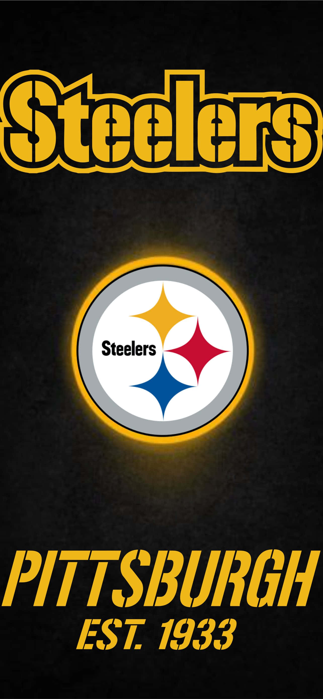 Steelers iPhone 桌布 壁紙 — 大膽的匹茲堡鋼人隊標誌，黃色文字和發光徽章在紋理黑色背景上。