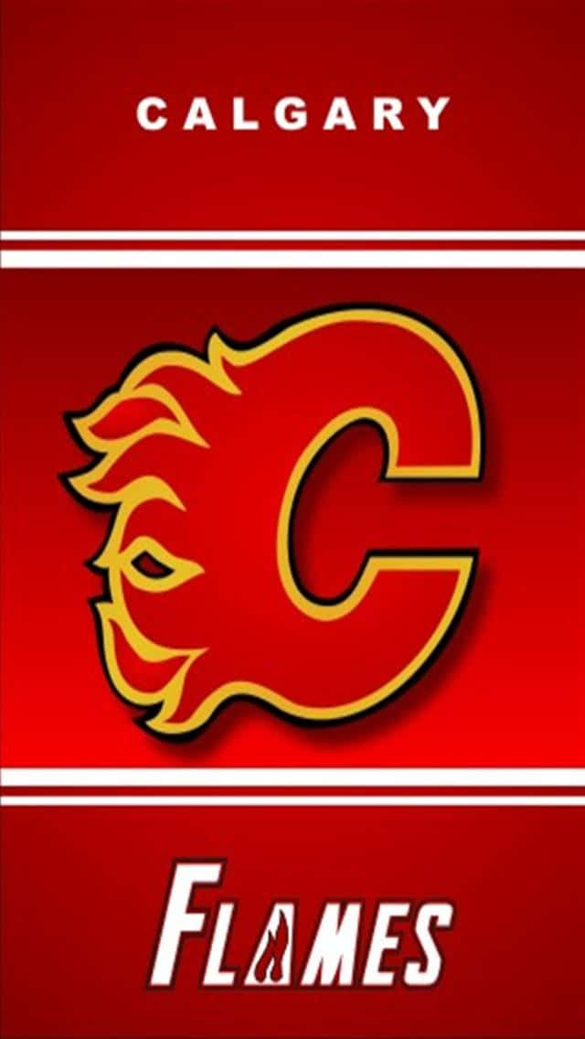 Calgary Flames 桌布 壁紙 — 大膽的卡爾加里火焰隊標誌，紅色 'C' 內有風格化火焰，背景為鮮紅色帶白色條紋。