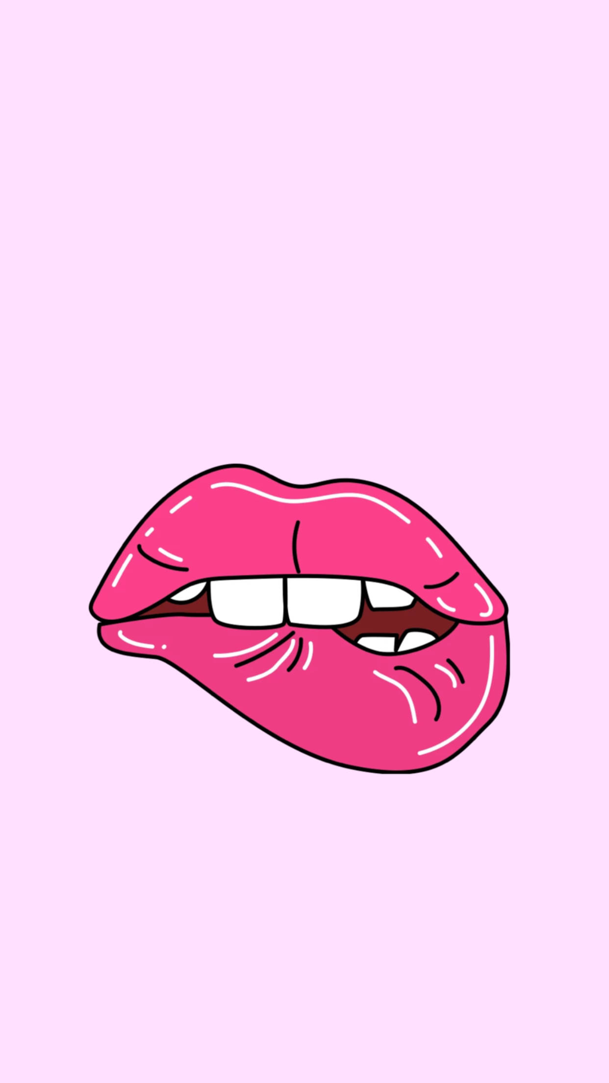 lip bite 桌布 壁紙 — 大膽的卡通嘴唇，露出白色牙齒，在柔和的粉紅色背景上微笑。