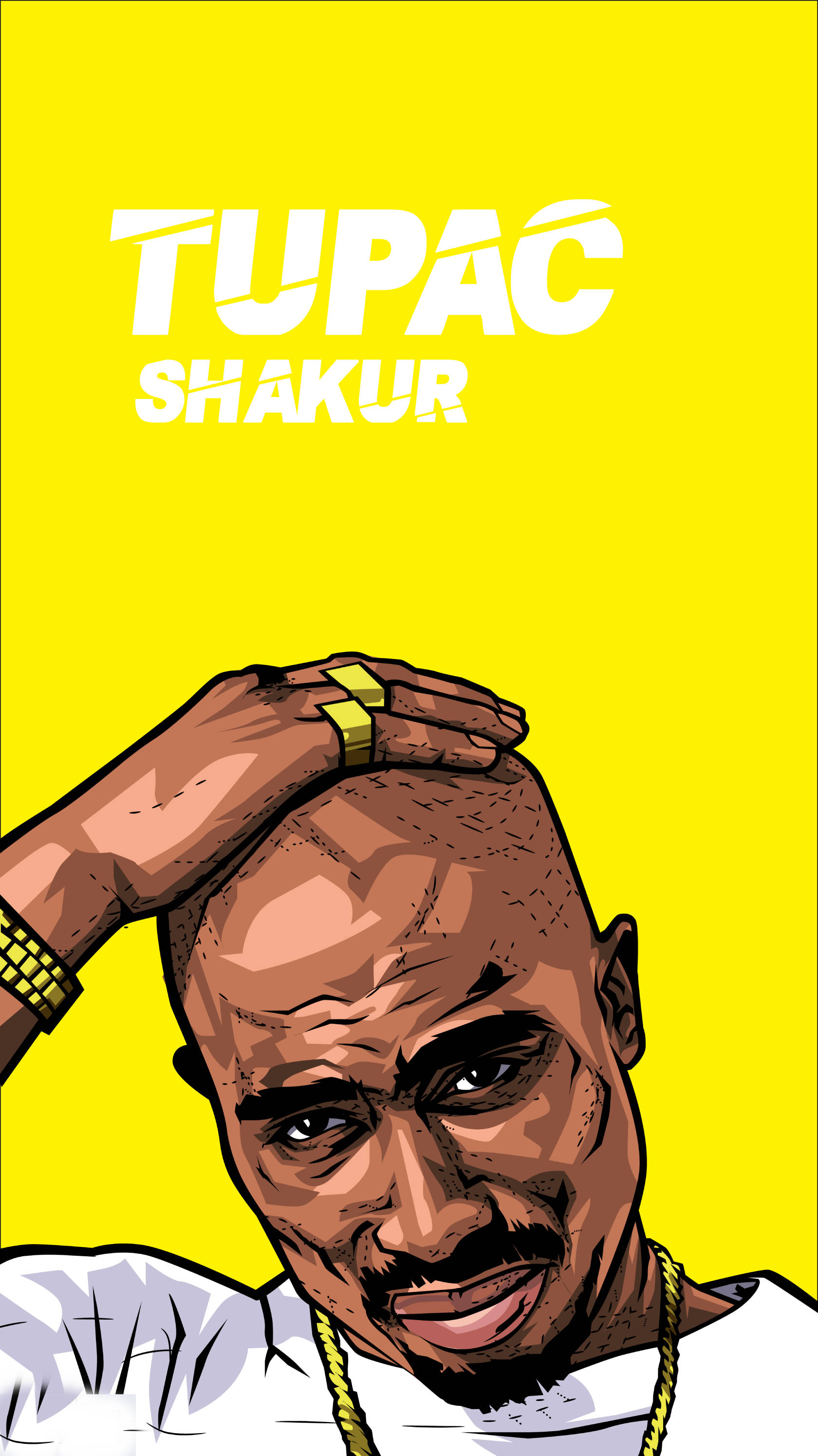 桌布 壁紙 — 大膽的卡通肖像 Tupac Shakur，背景是充滿活力的黃色，他的手放在頭上。