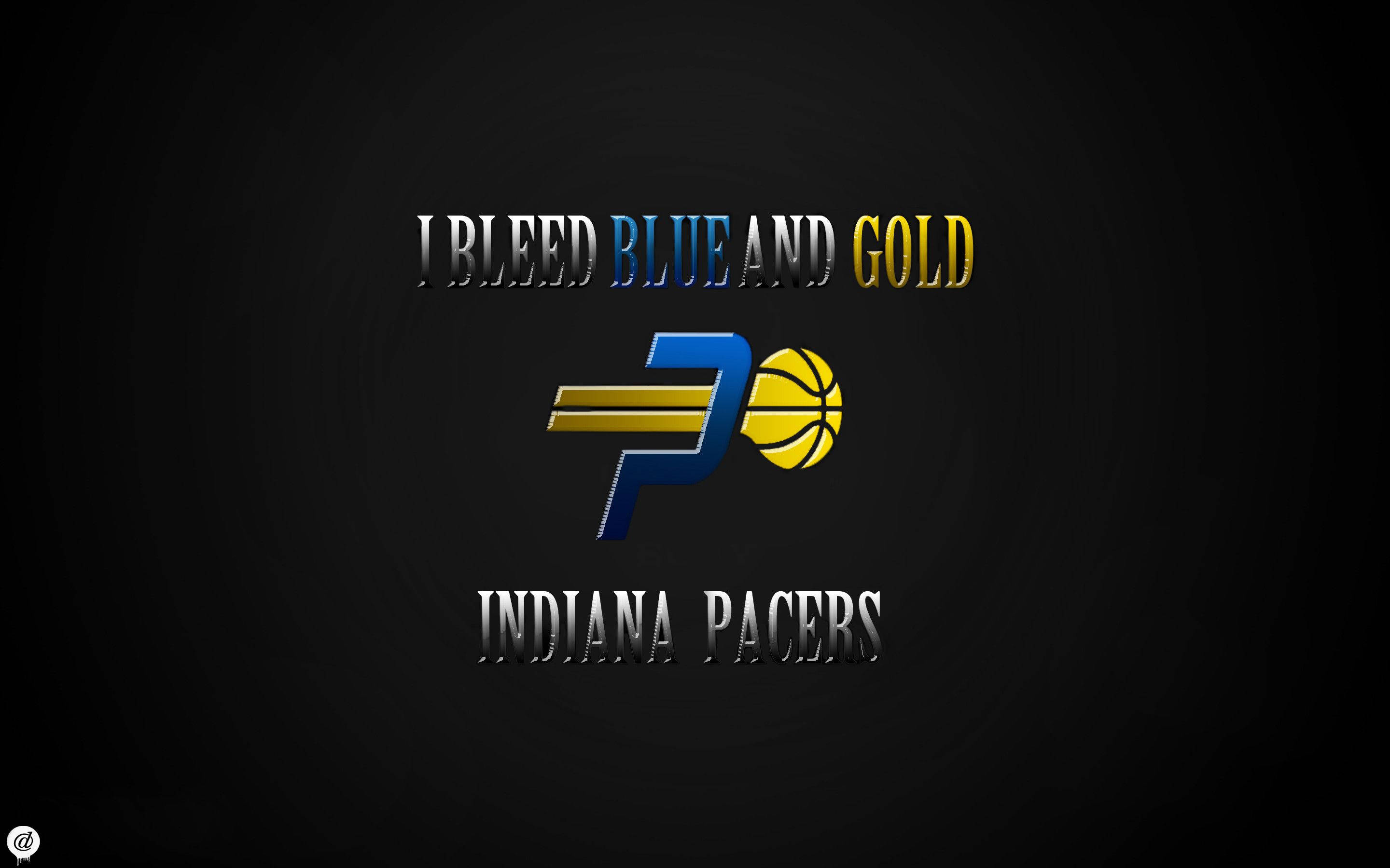 Pacers 桌布 壁紙 — 大膽的印第安納溜馬隊標誌，帶有藍金色籃球和金屬文字，背景為深色漸變。