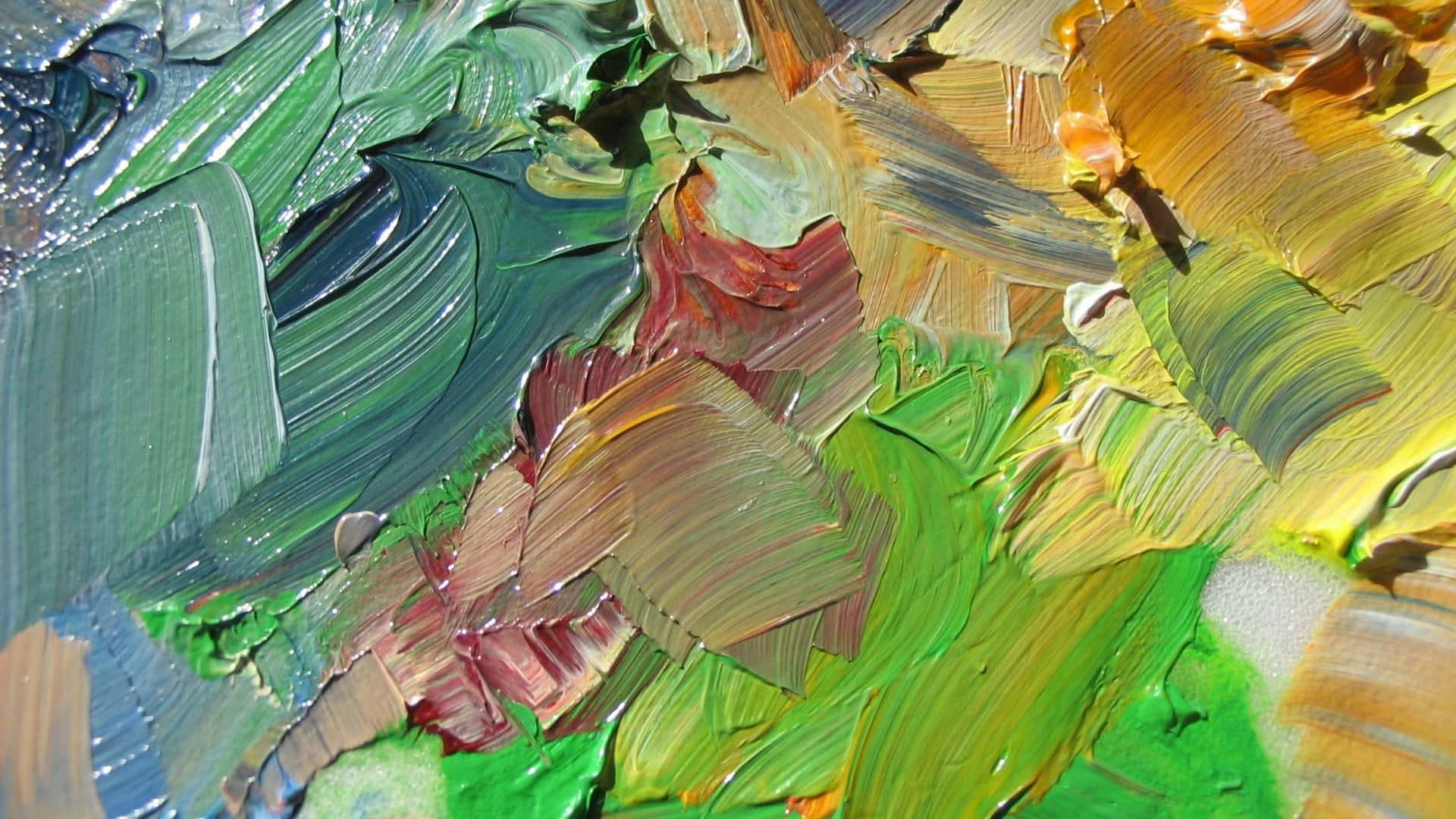 Oil Painting 桌布 壁紙 — 大膽的厚塗筆觸，以綠色、黃色和棕色交織，營造出質感豐富的抽象油畫表面。