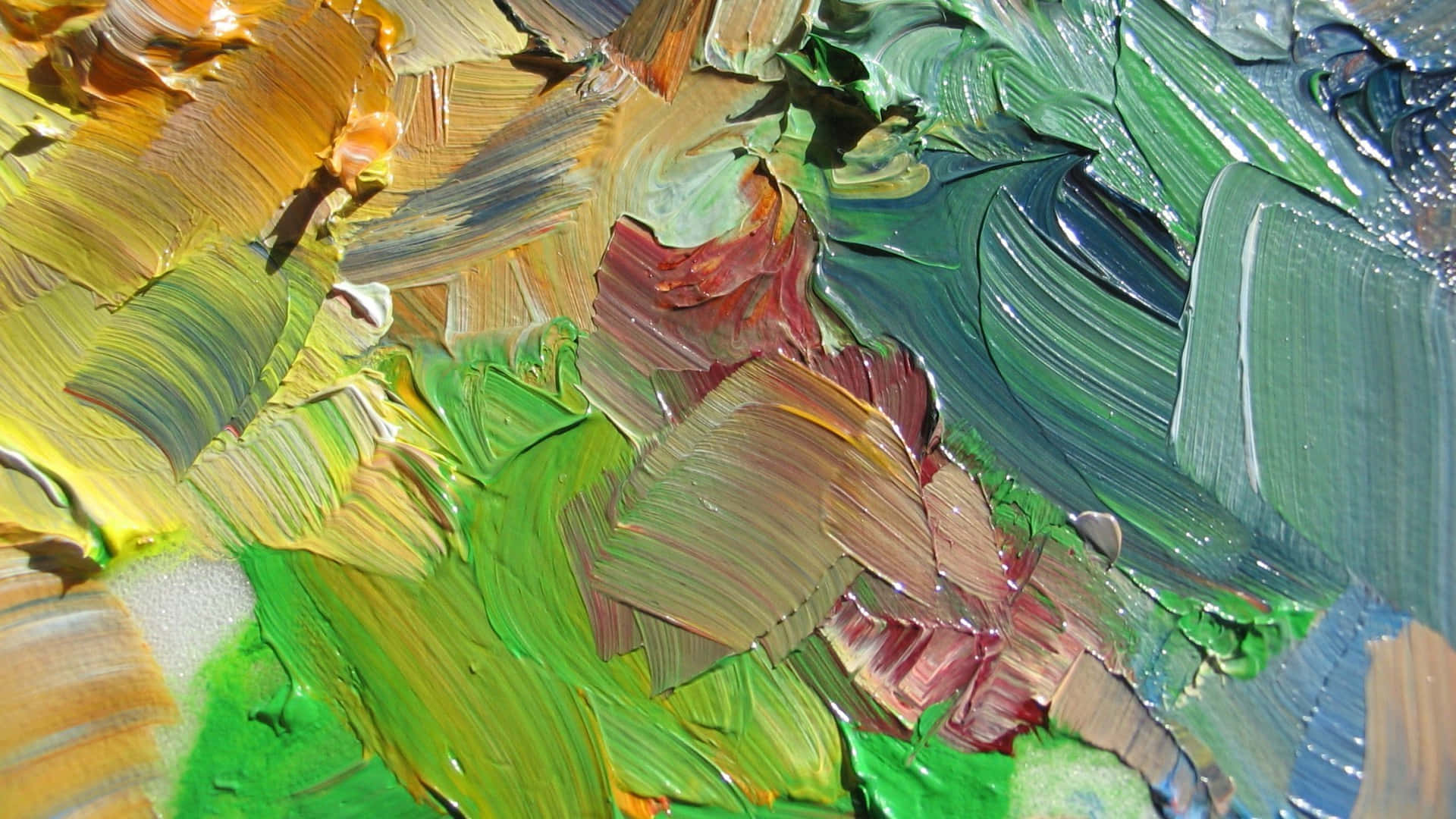 Oil Painting 桌布 壁紙 — 大膽的厚塗筆觸，使用綠色、黃色和紅色顏料，創造出有紋理的抽象畫布。