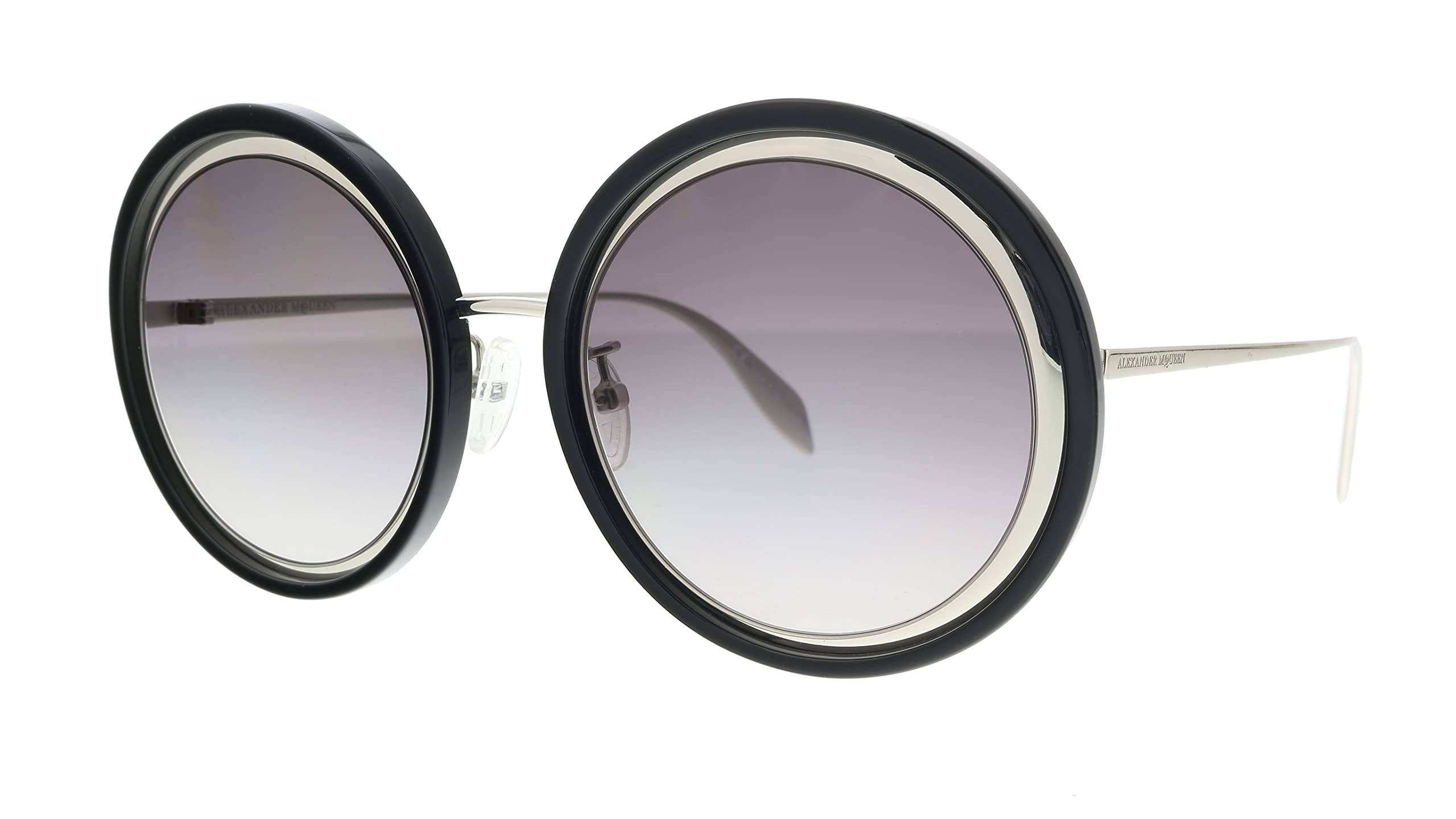 Sunglasses 桌布 壁紙 — 大膽的圓形太陽眼鏡，黑色鏡框，銀色裝飾，漸變灰色鏡片，展示在潔白背景上。