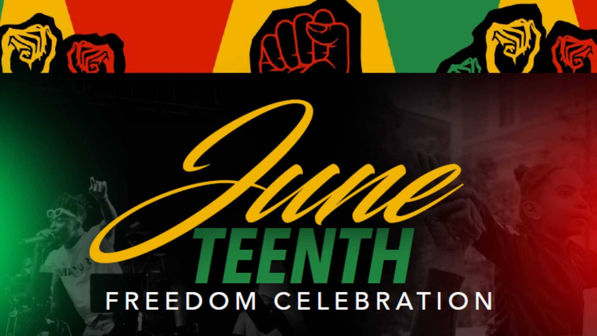 Juneteenth 桌布 壁紙 — 大膽的圖形，以紅色、黃色、綠色的舉起拳頭慶祝6月16日的自由，背景是剪影抗議者。