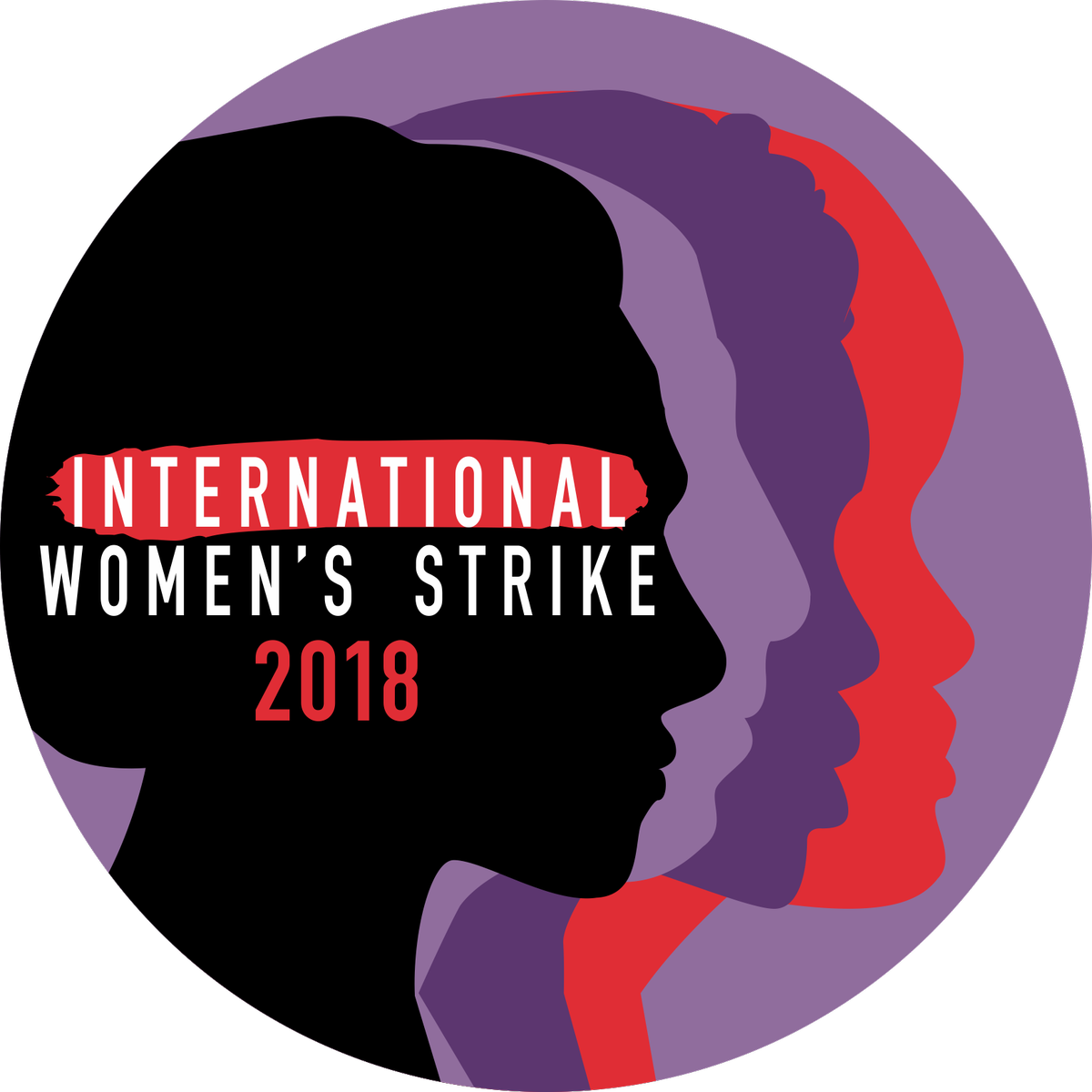 International Womens Day 桌布 壁紙 — 大膽的圖形，以黑色、紫色和紅色的分層女性輪廓，並帶有宣佈2018年國際婦女罷工的文字。