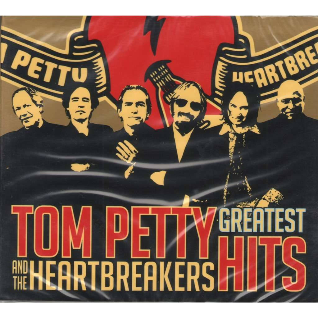 rock n roll 桌布 壁紙 — 大膽的圖形專輯封面，以金色剪影呈現Tom Petty and the Heartbreakers，背景為紅色心形和黑色。