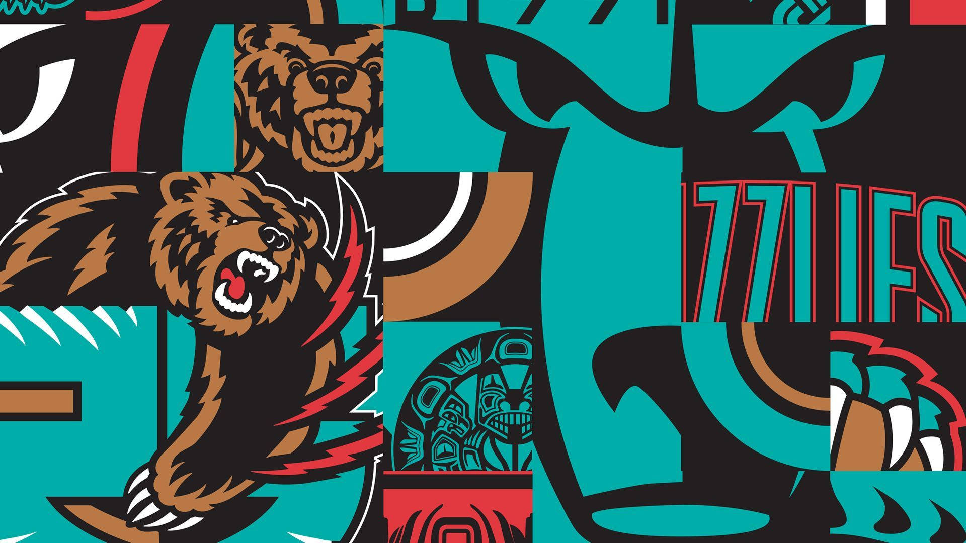 Memphis Grizzlies Logo 桌布 壁紙 — 大膽的圖形拼貼，以青綠色、棕色和黑色為主，搭配紅色點綴，呈現咆哮的熊和部落圖案。