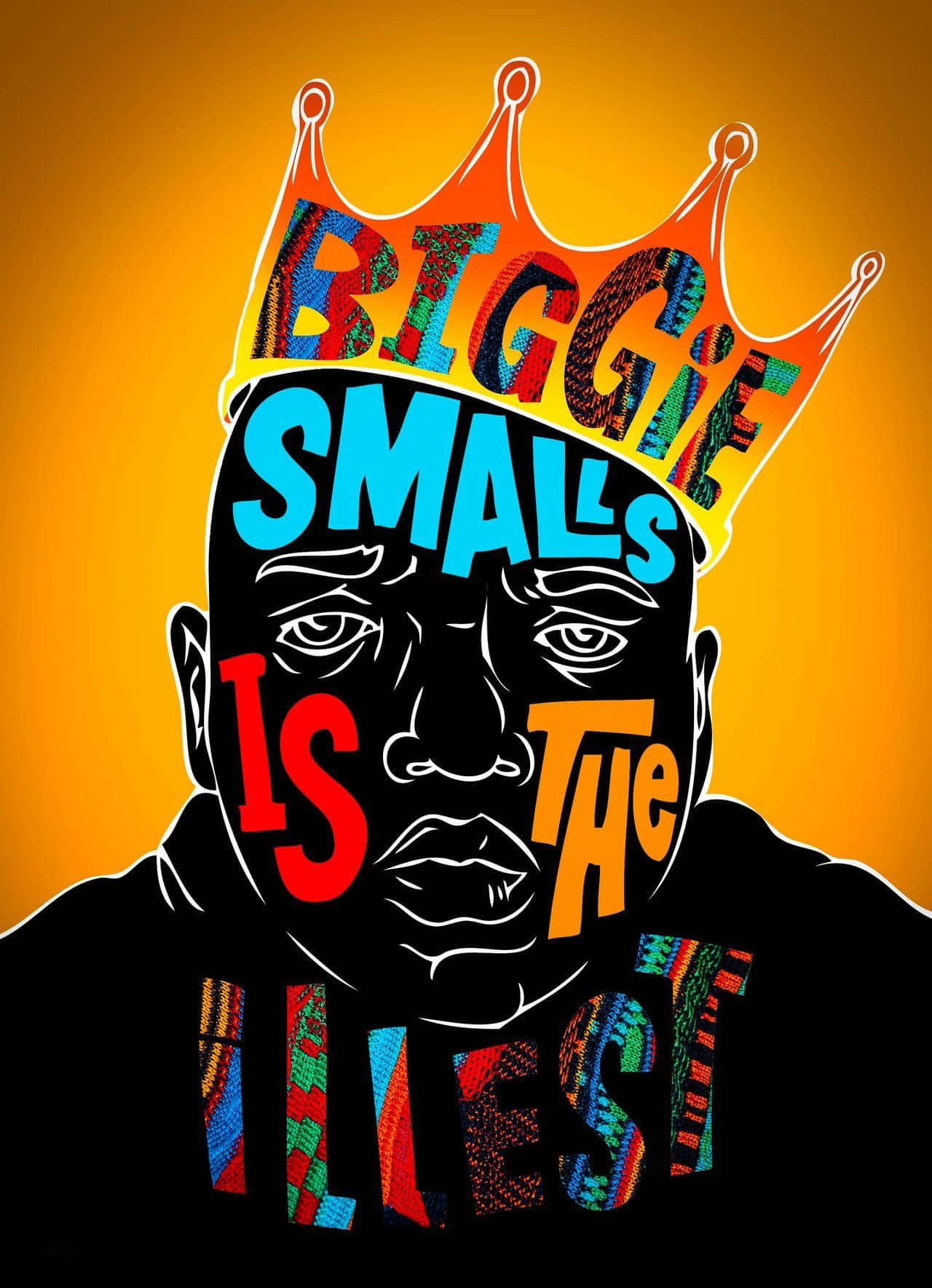  壁紙 — 大膽的圖形插圖，Biggie Smalls 戴著皇冠，文字拼出他的名字和「THE ILLTEST」，背景為鮮豔的橙色。